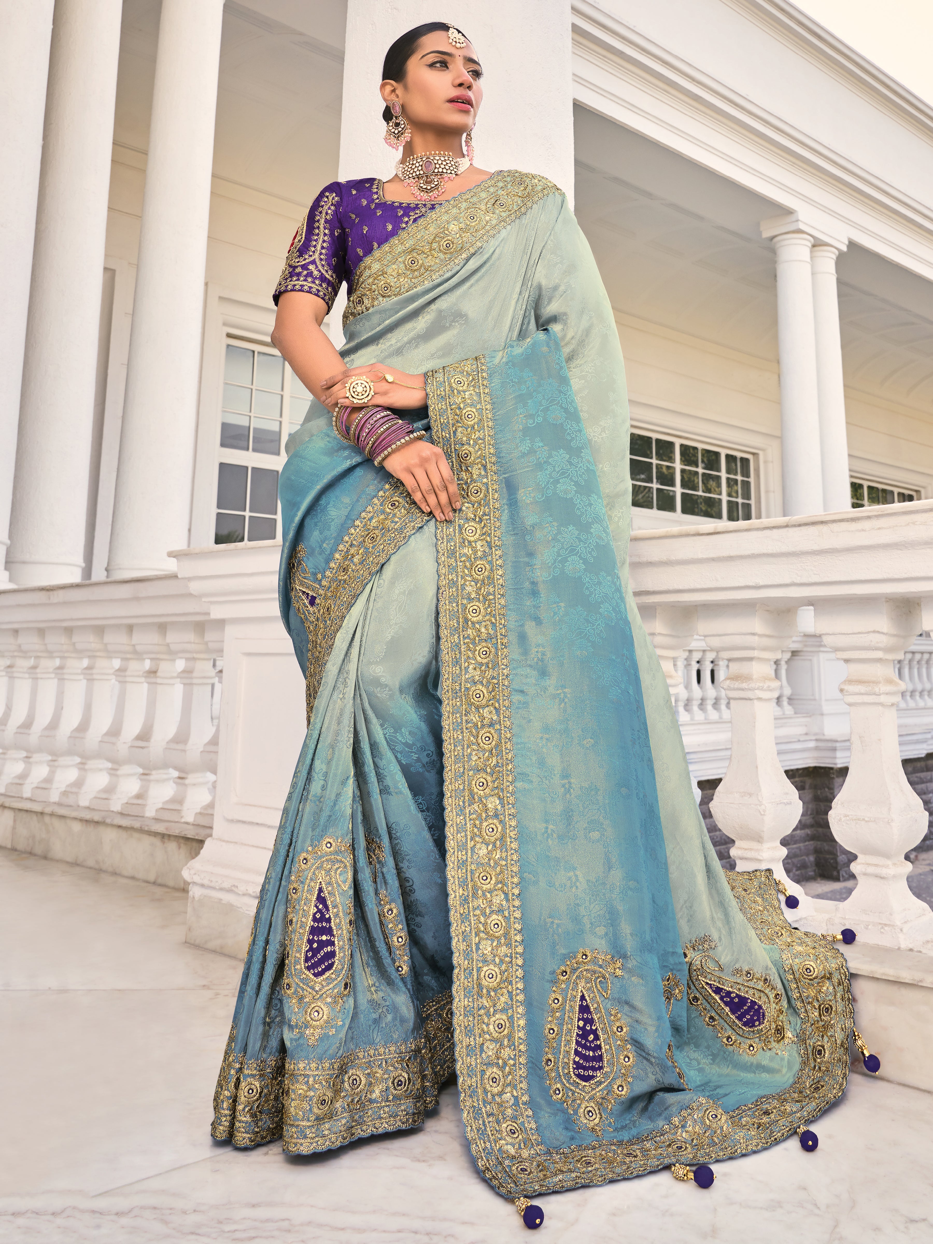 Grey & Blue Natural Crepe Jacquard Saree With Embroidery Work