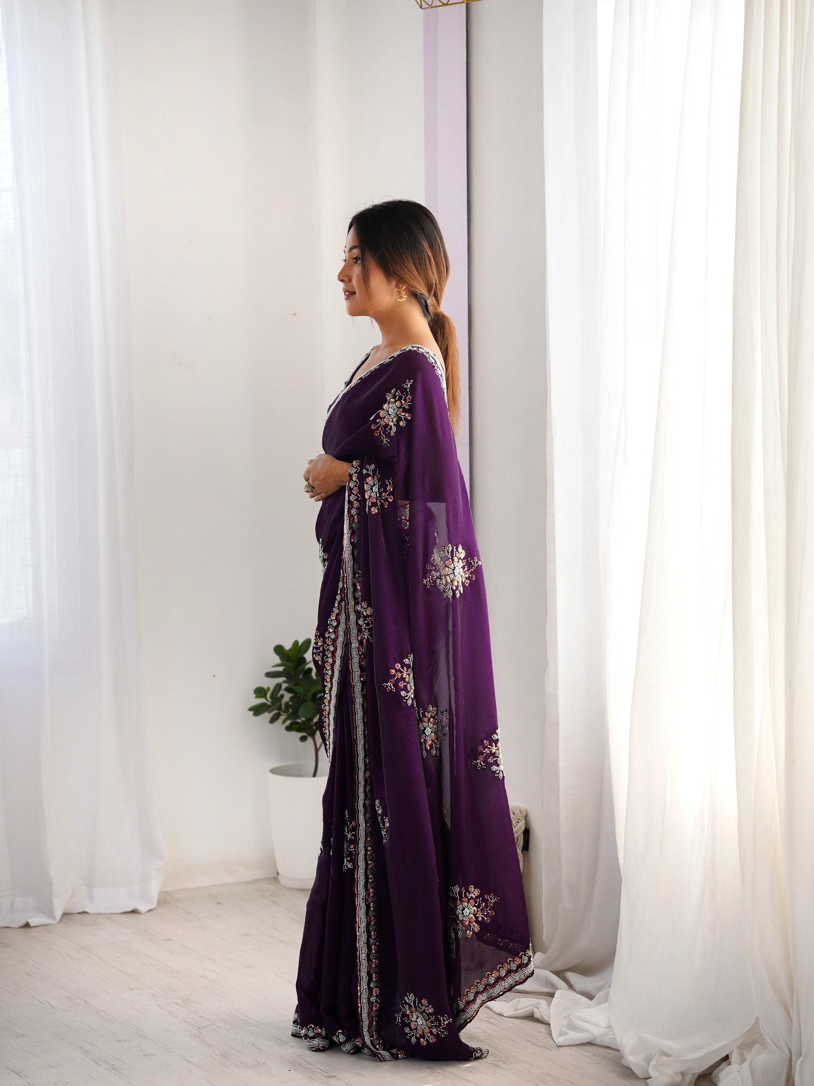 Heavy Designer Beads Hand Work Purple Fendy Satin Heavy Partywear Saree