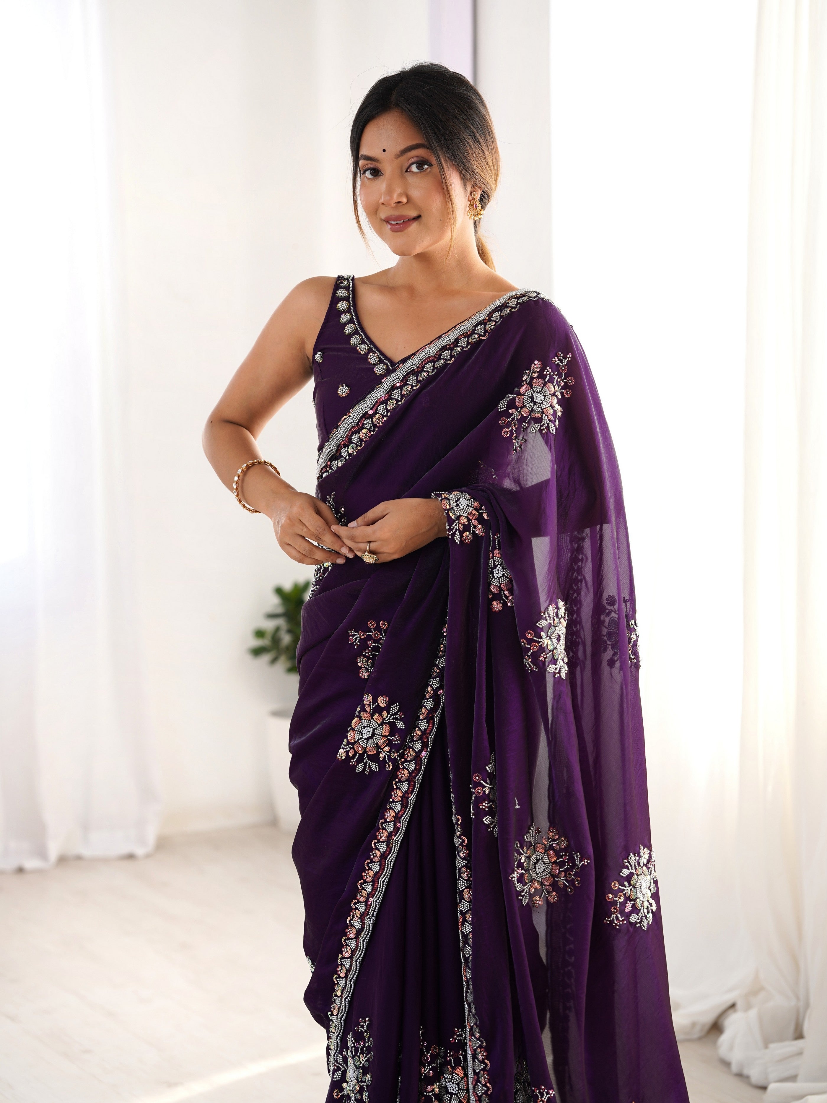 Heavy Designer Beads Hand Work Purple Fendy Satin Heavy Partywear Saree
