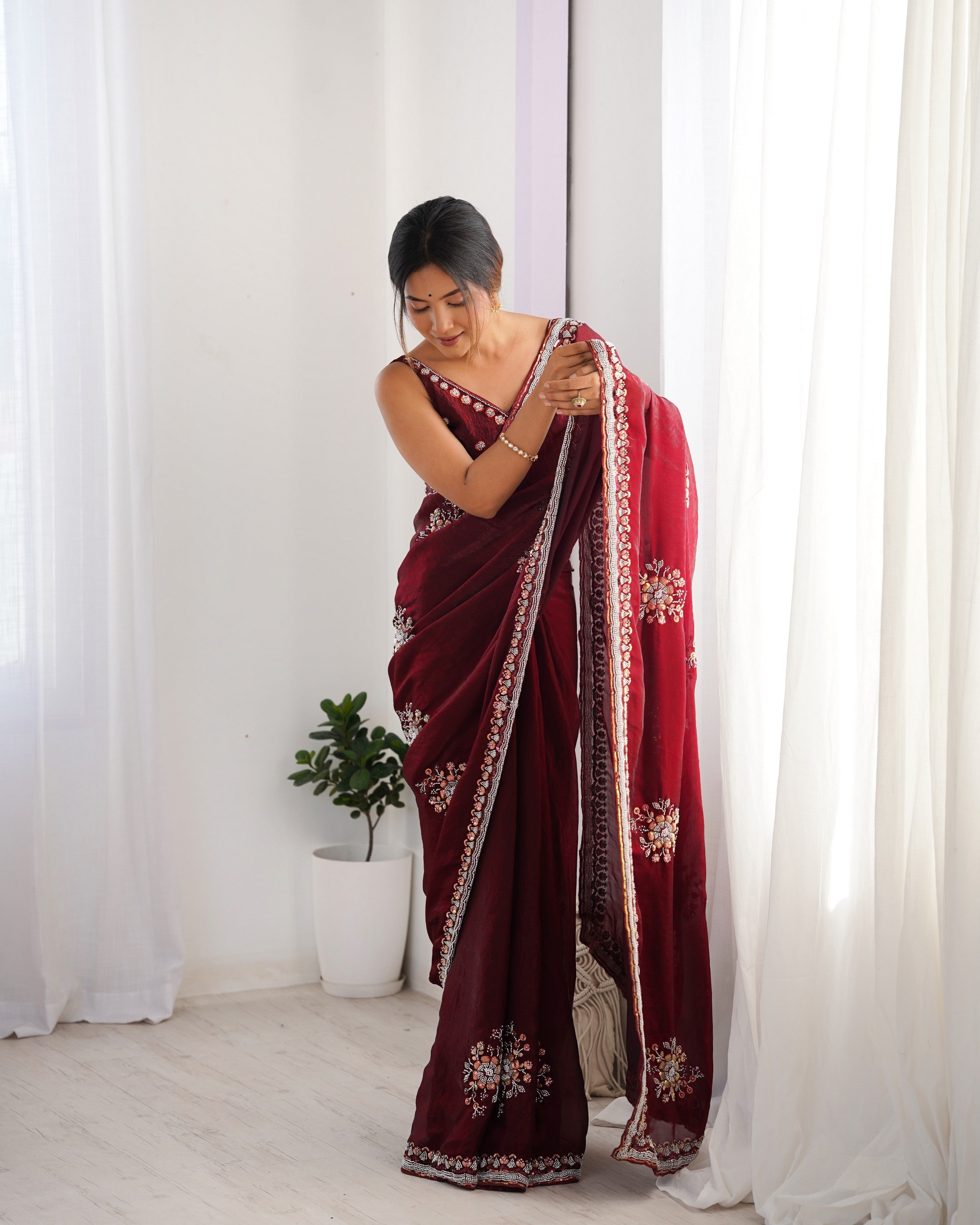Heavy Designer Beads Hand Work Wine Fendy Satin Heavy Partywear Saree