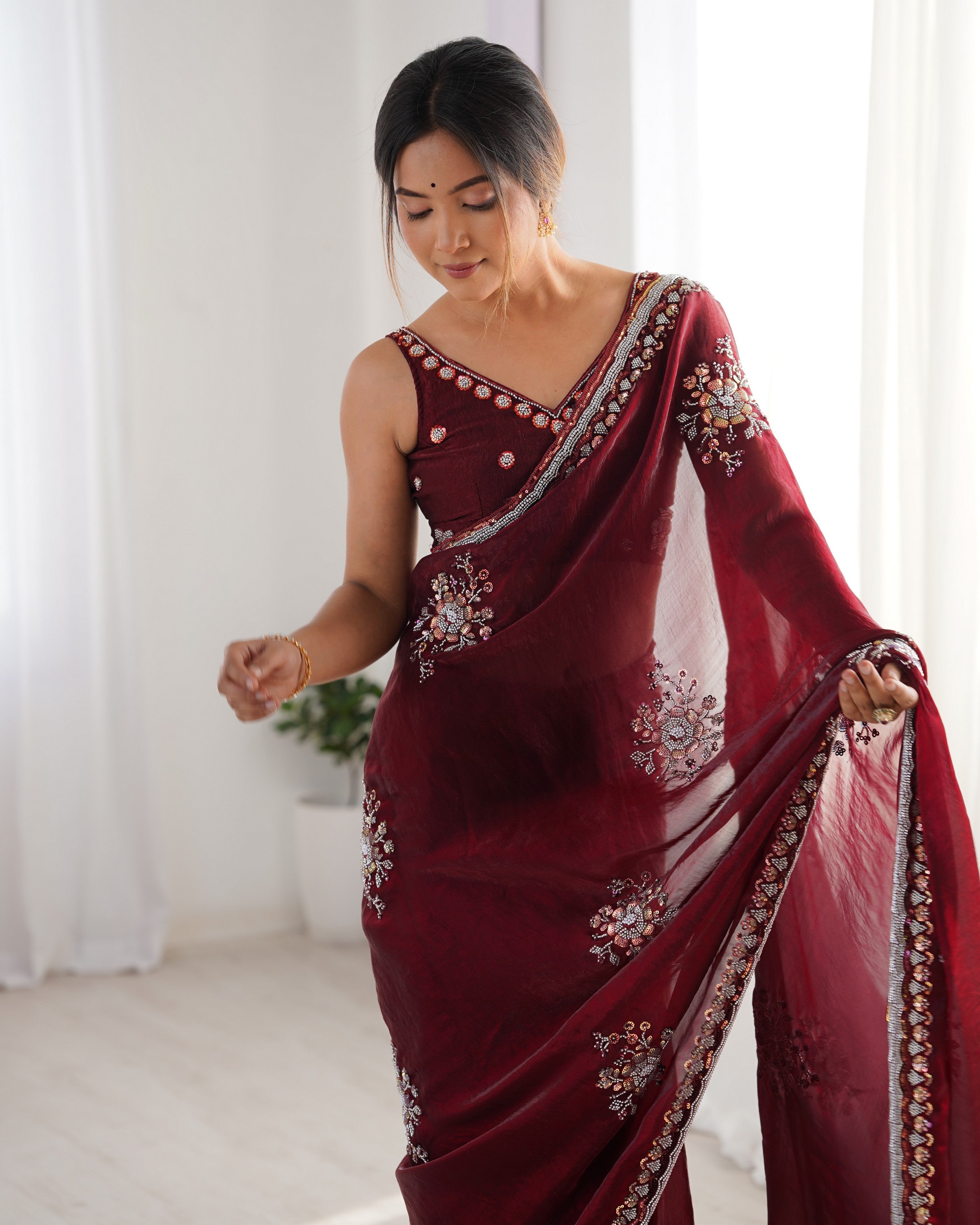 Heavy Designer Beads Hand Work Wine Fendy Satin Heavy Partywear Saree