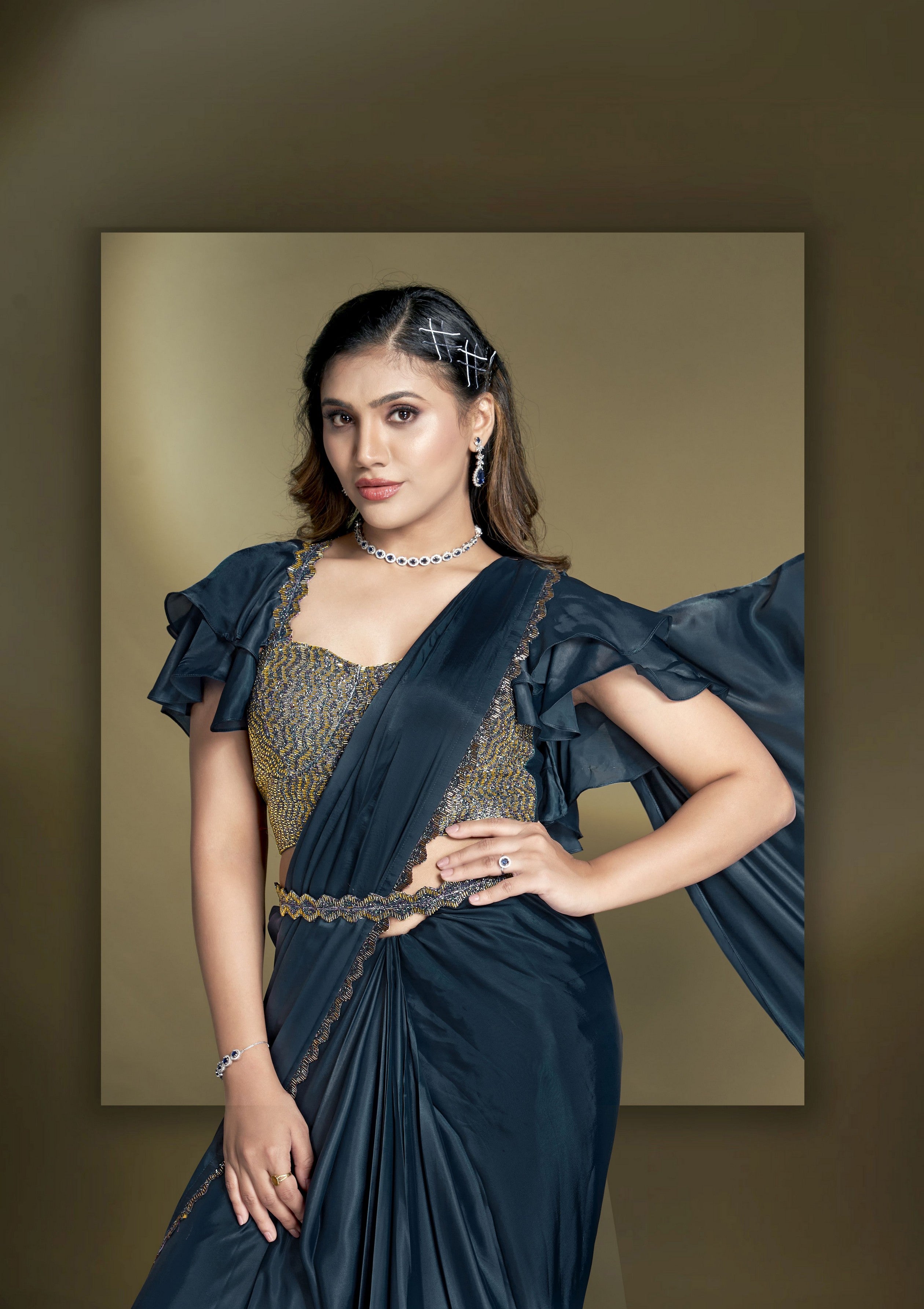 Heavy Partywear Crepe Satin Silk Sequins And Beads Aari Hand Work Ready To Wear Saree
