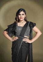 Heavy Partywear Two Tone Satin Silk Sequins And Beads Aari Hand Work Ready To Wear Saree