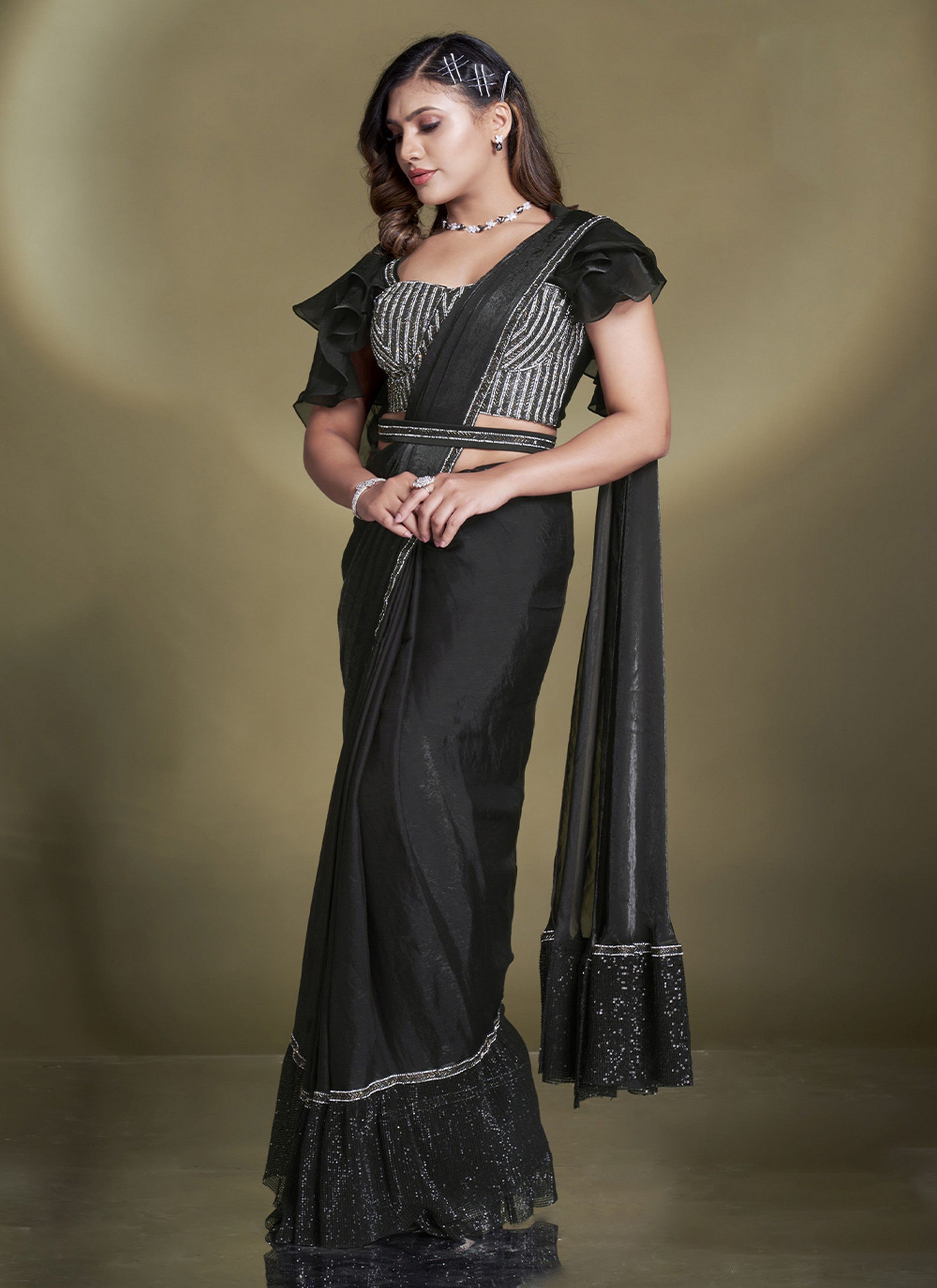 Heavy Partywear Two Tone Satin Silk Sequins And Beads Aari Hand Work Ready To Wear Saree