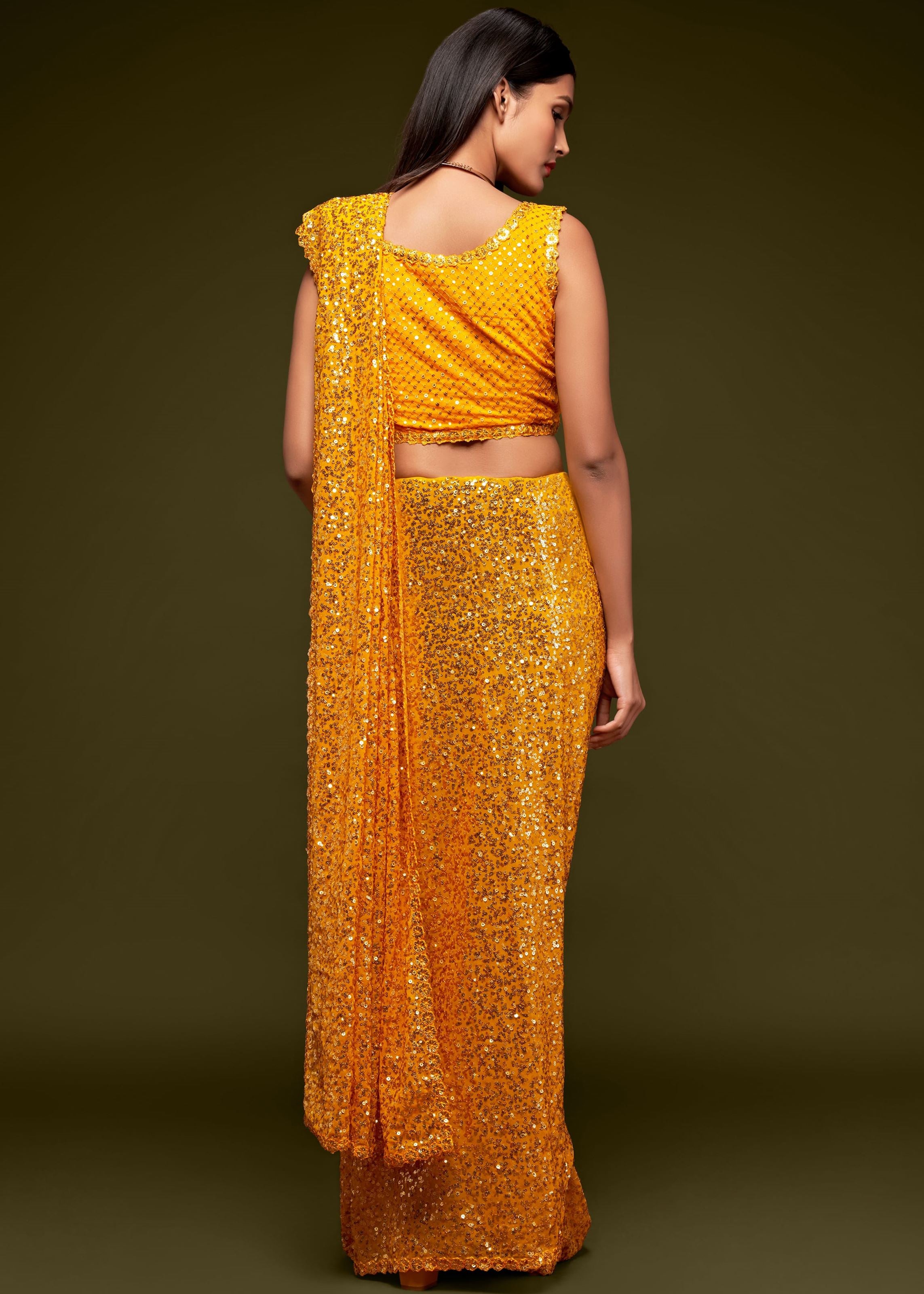 Honey Yellow Georgette Saree with Thread Embroidery and Sequins Work