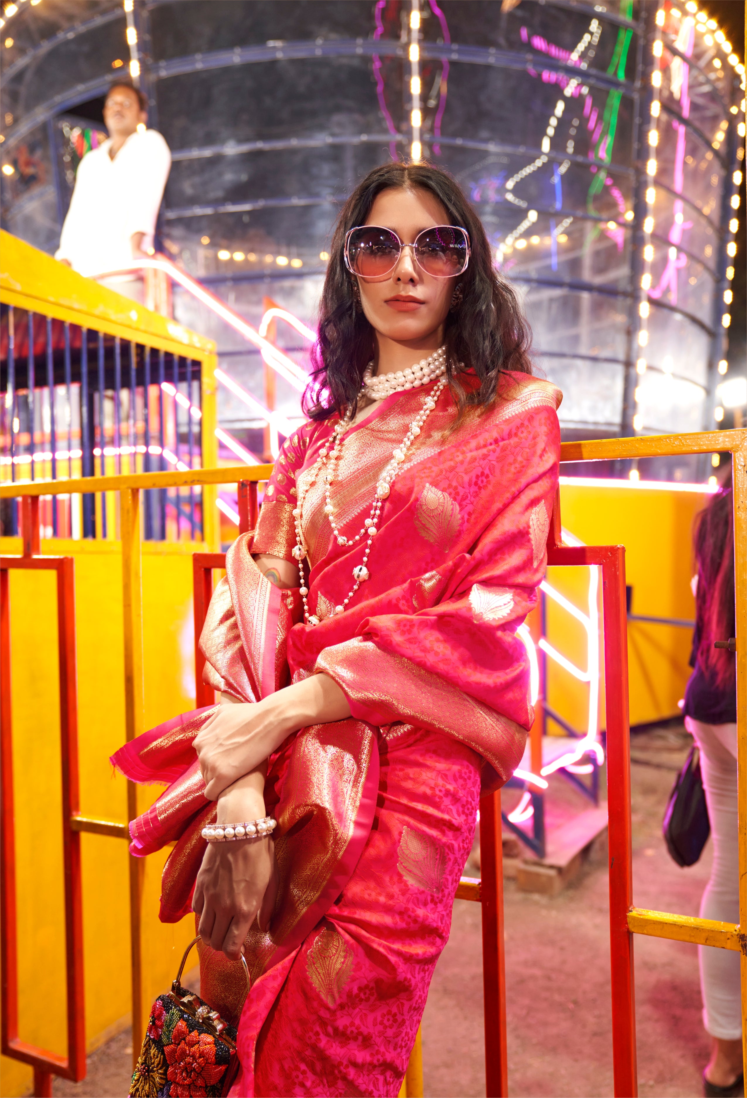 HotPink Banarasi Silk Saree With  Jacquard Woven Work