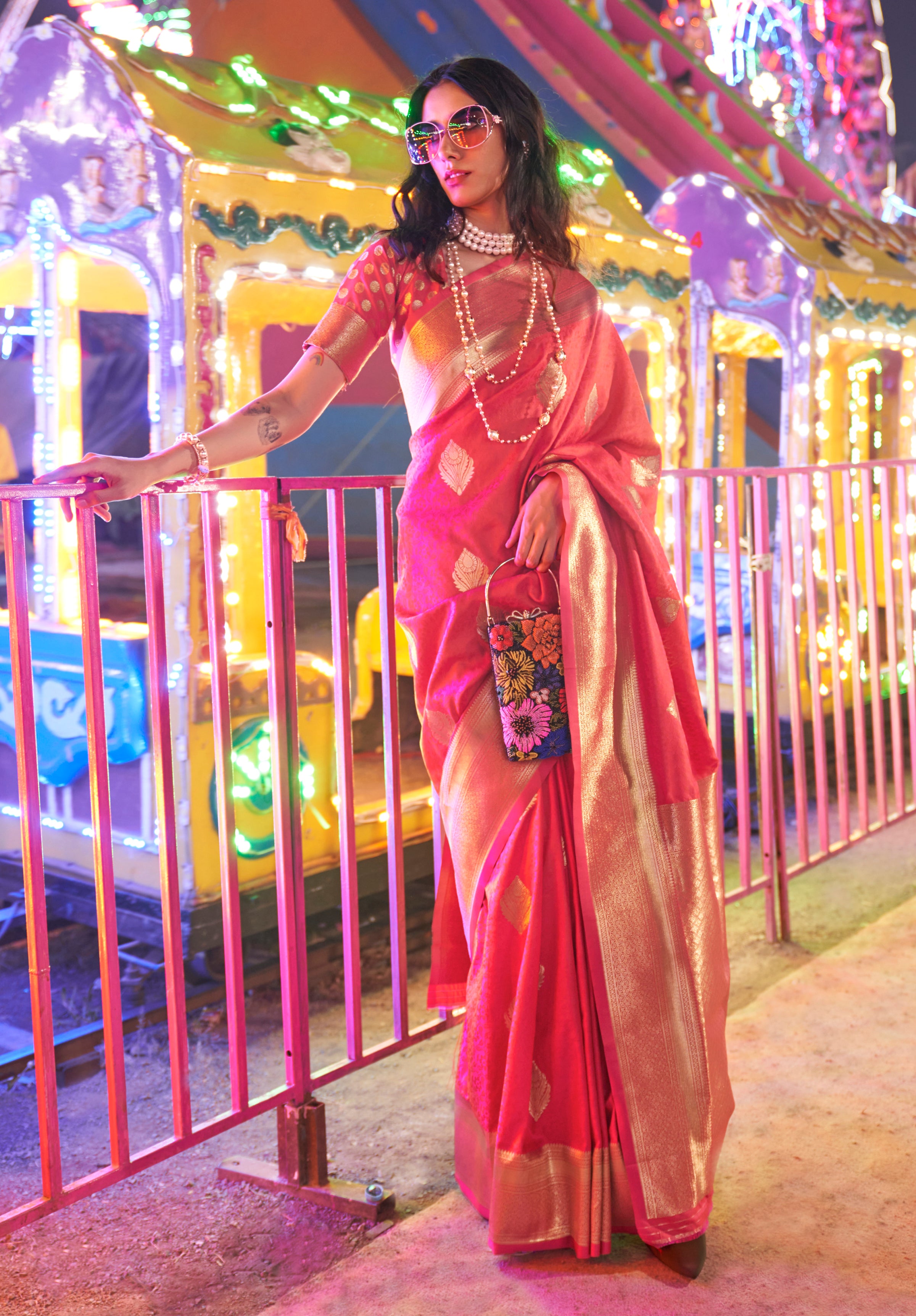 HotPink Banarasi Silk Saree With  Jacquard Woven Work