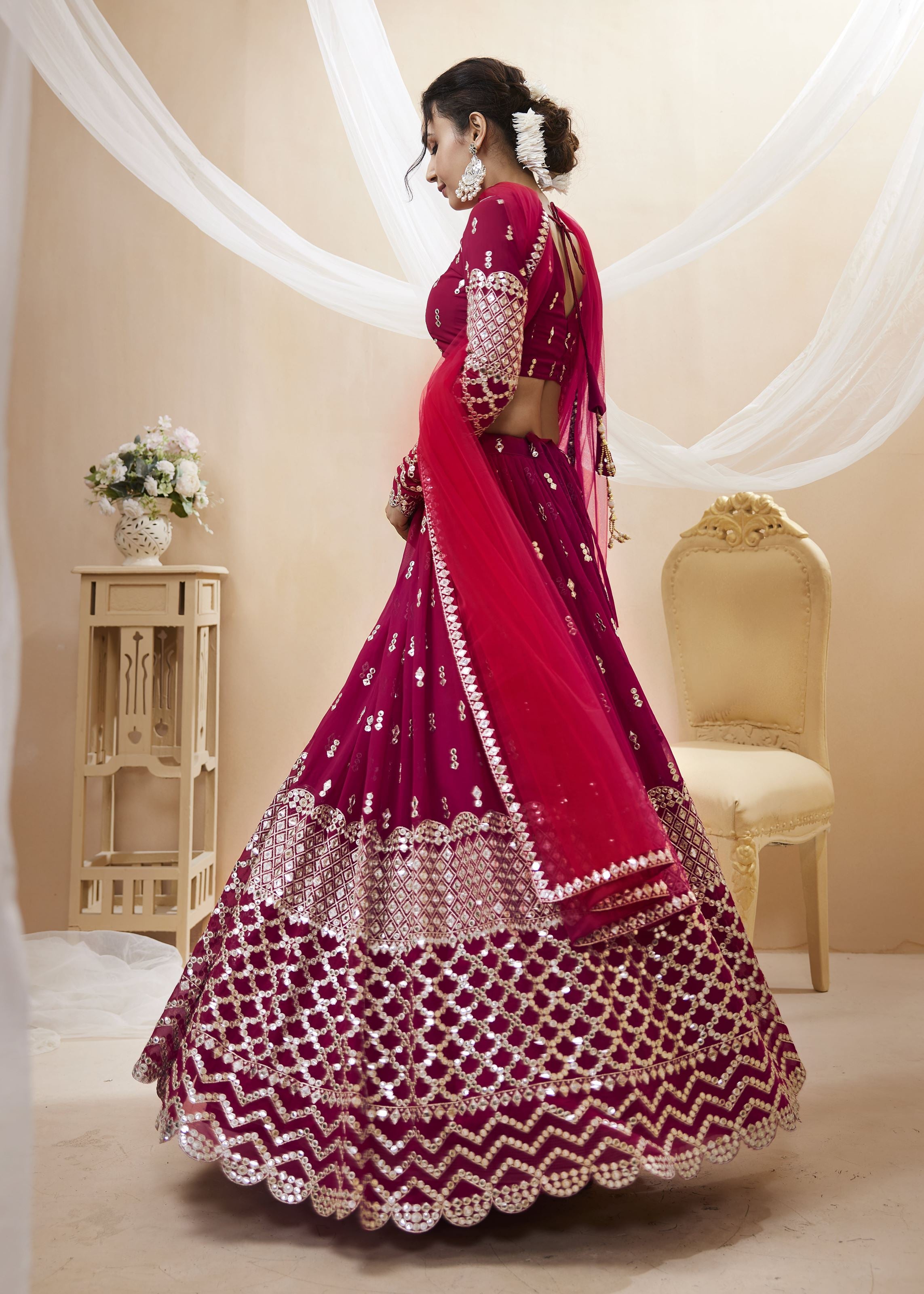 Hot Pink Georgette Lehenga Choli With Sequins Zari Embroidered Work