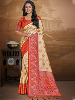 Ivory Beige and Sunset Orange Silk Saree