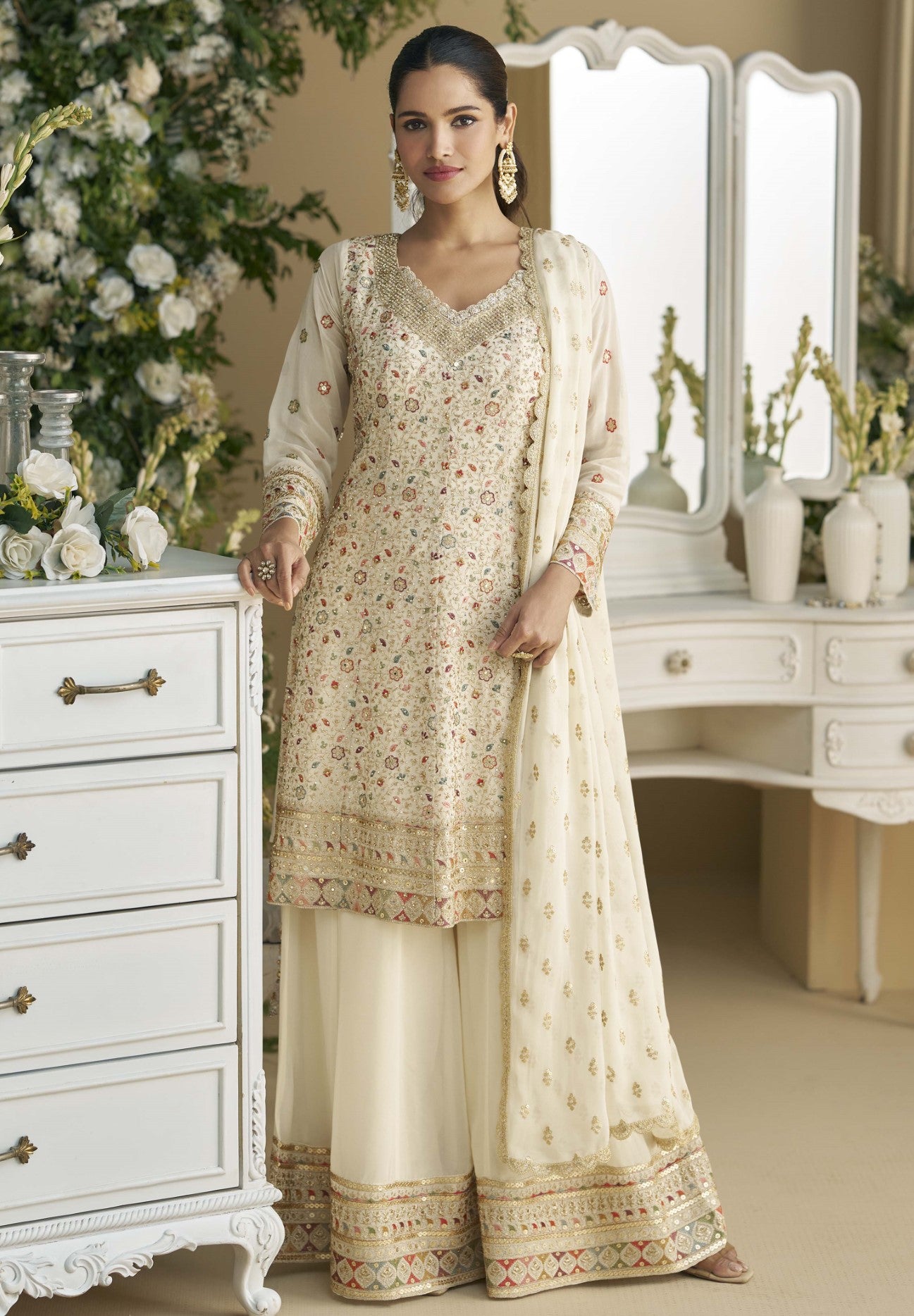 Ivory Georgette Palazzo Suit With Seroski Work