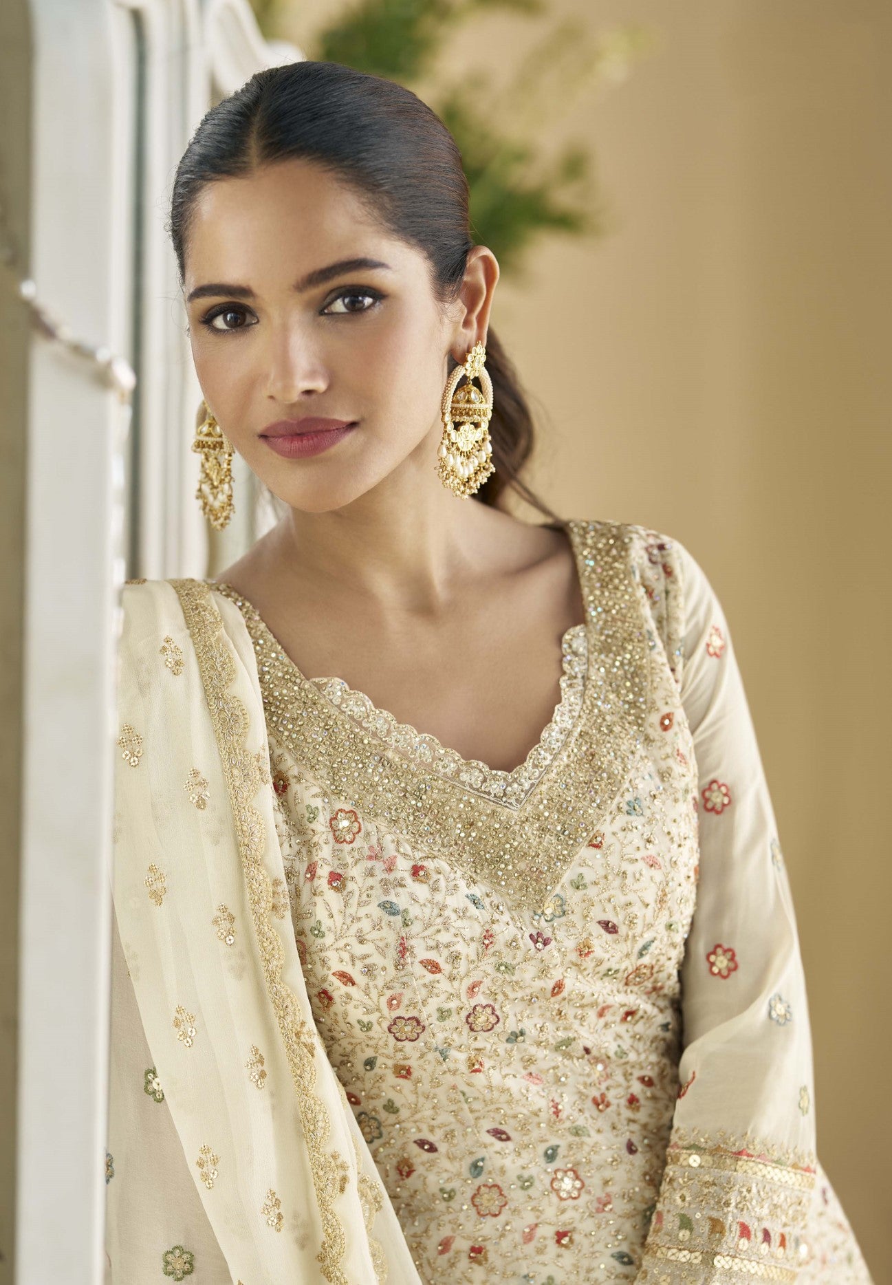 Ivory Georgette Palazzo Suit With Seroski Work