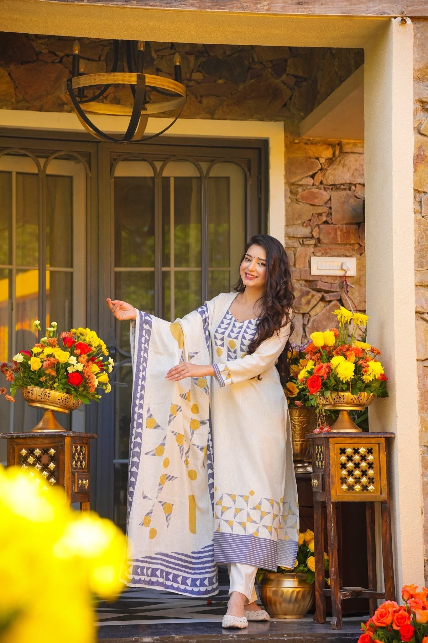 Ivory Muslin Kurta Pant Set  Printed
