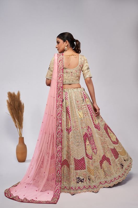 Ivory Orgenza Silk Intricate Paisley Motifs Traditional  Embroidered  Wedding Lehenga