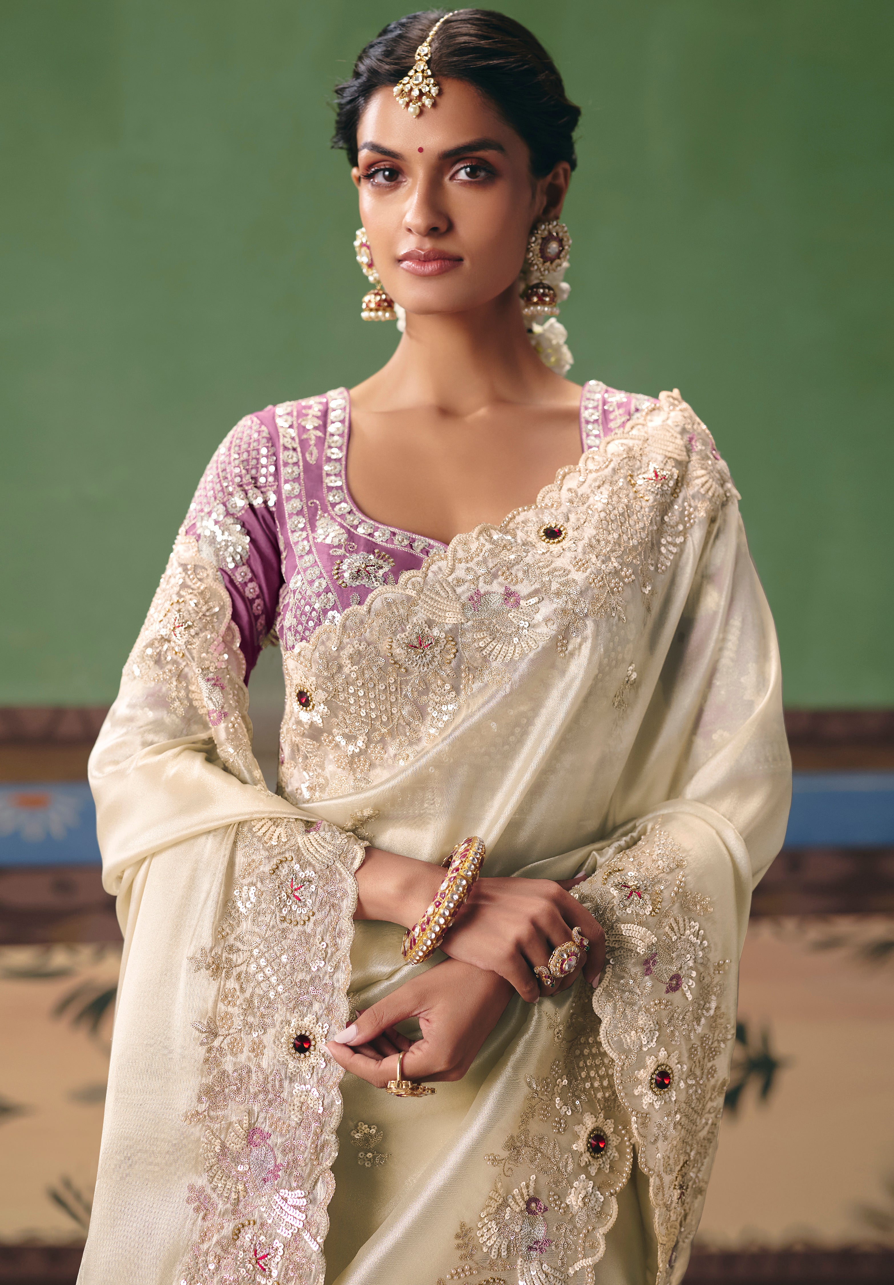 Ivory Saree With  Heavy Designer Embroidery, Sequince, Stone, Pearl With Beads Work