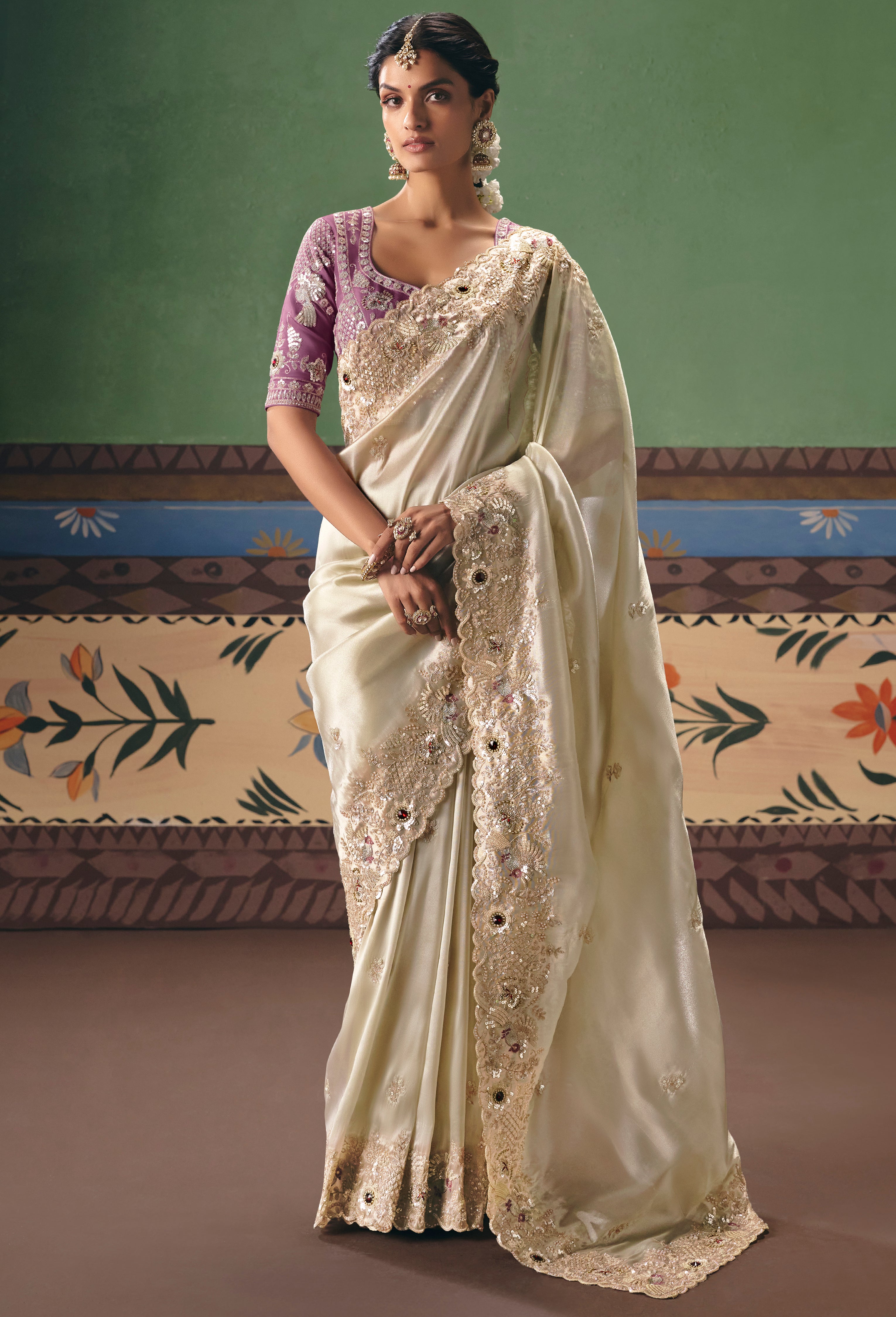 Ivory Saree With  Heavy Designer Embroidery, Sequince, Stone, Pearl With Beads Work