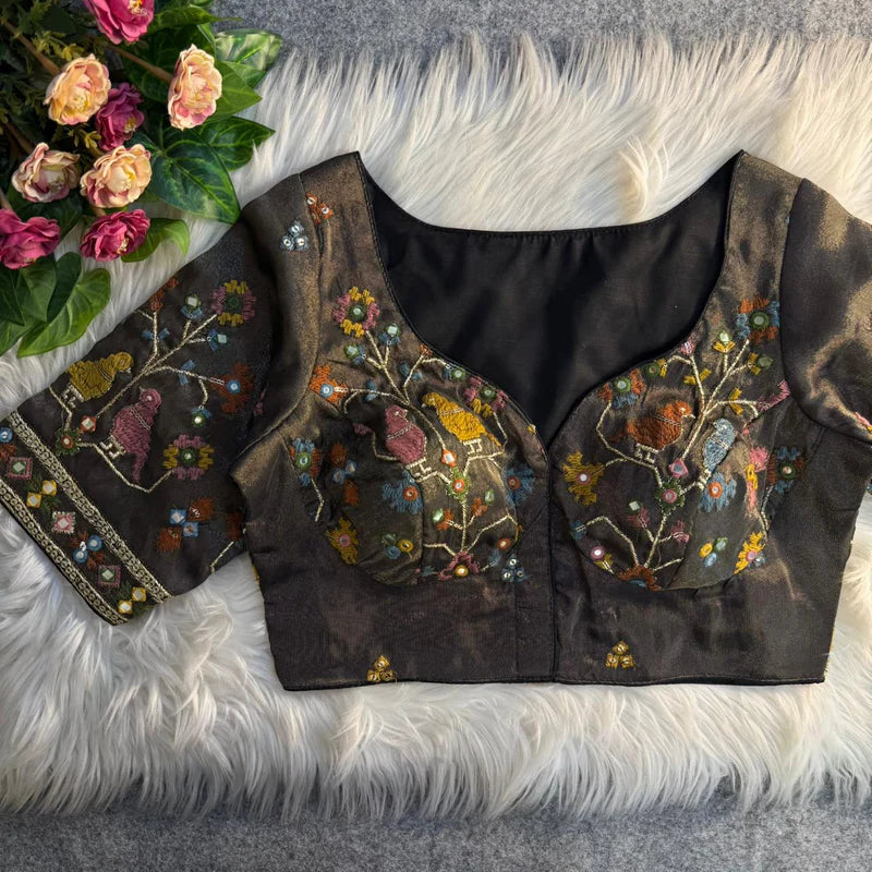 Jet Black Bird Motif Mirror Work Blouse  Cosmos Silk Designer Partywear