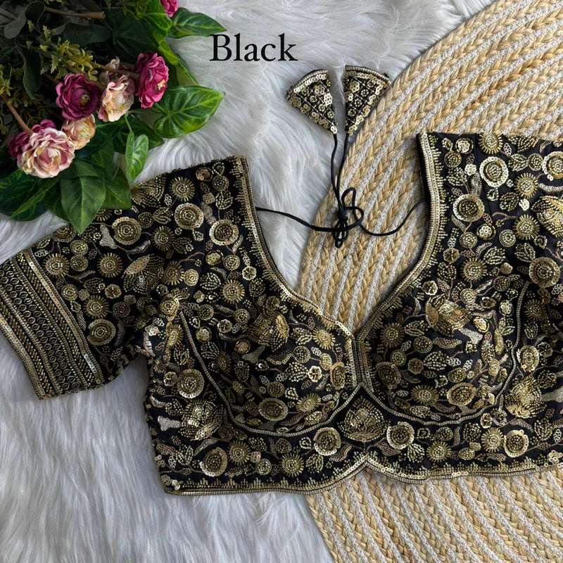 Jet Black Luxury Heavy Beads Bridal Blouse  Roman Silk Designer Wedding Wear
