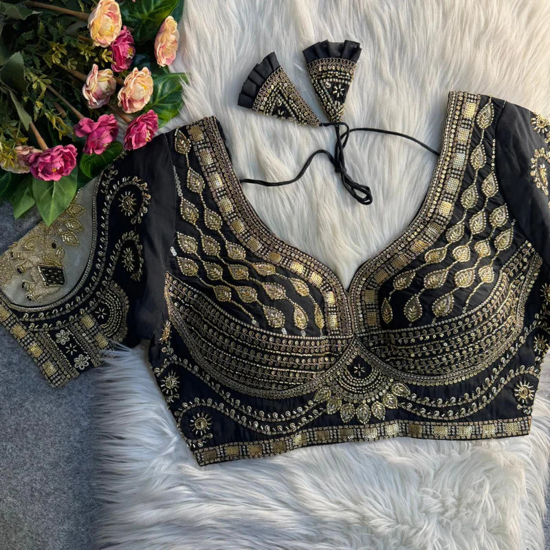 Jet Black Royal Elephant Patch Work Bridal Blouse  Roman Silk Heavy Beads & Sequins Designer Wear