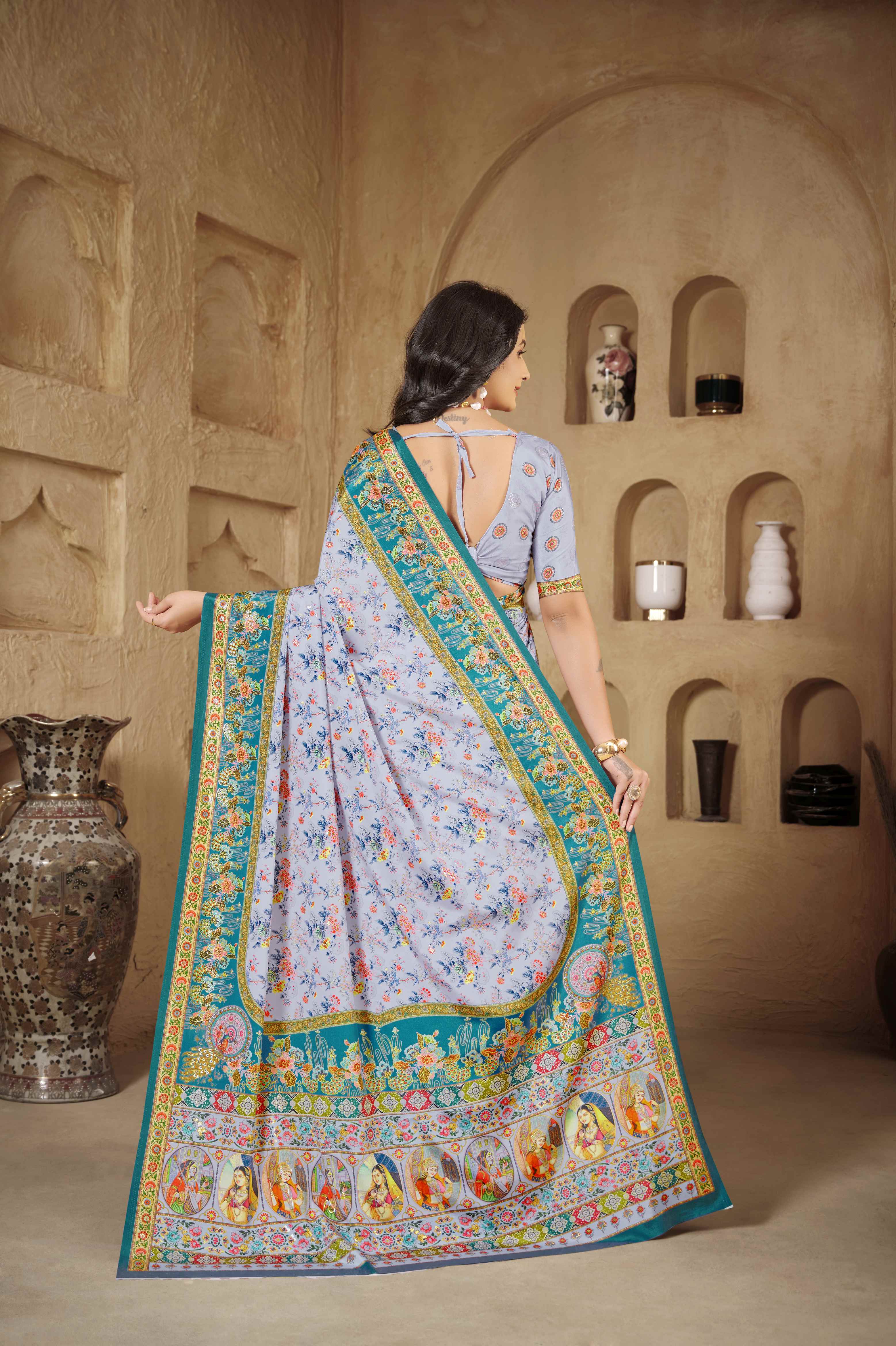 Lailac Beautiful Designer Position Digital Foil Printed Crepe Silk Designer Partywear Saree