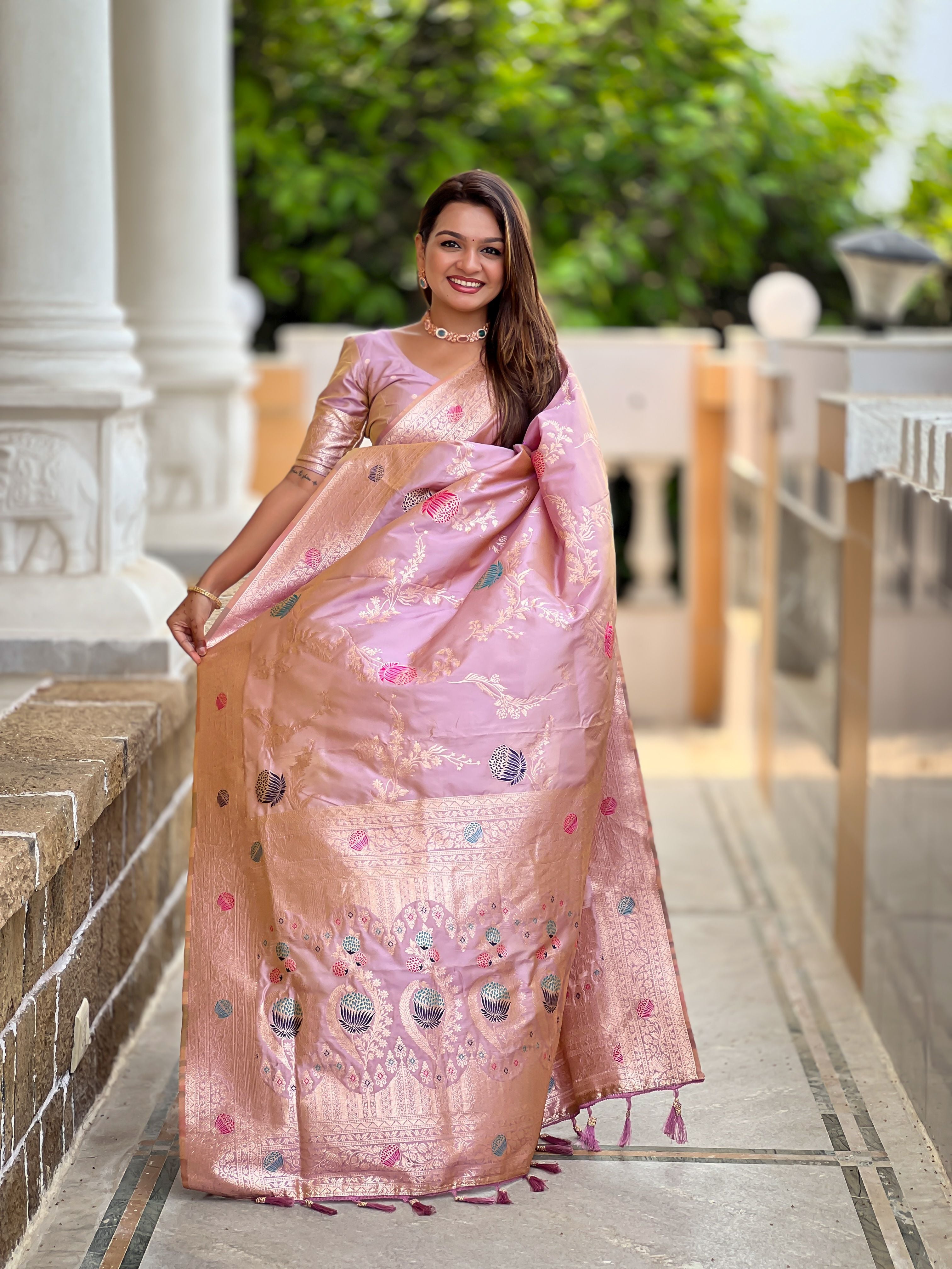 Lavender Beautiful Banarasi Silk Woven Meenakari Designer Graceful Ethnic Saree