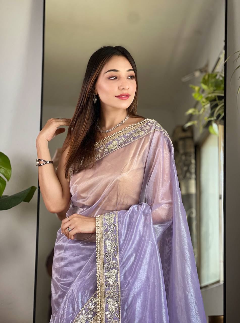 Lavender Colour Silver Tissue Silk Embroidery And Mirror Work Saree
