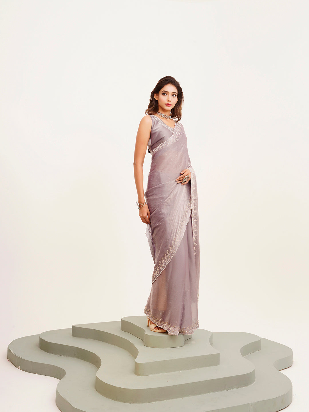 Lavender Embellished Beads And Stones Satin Saree For Beautiful Partywear Saree