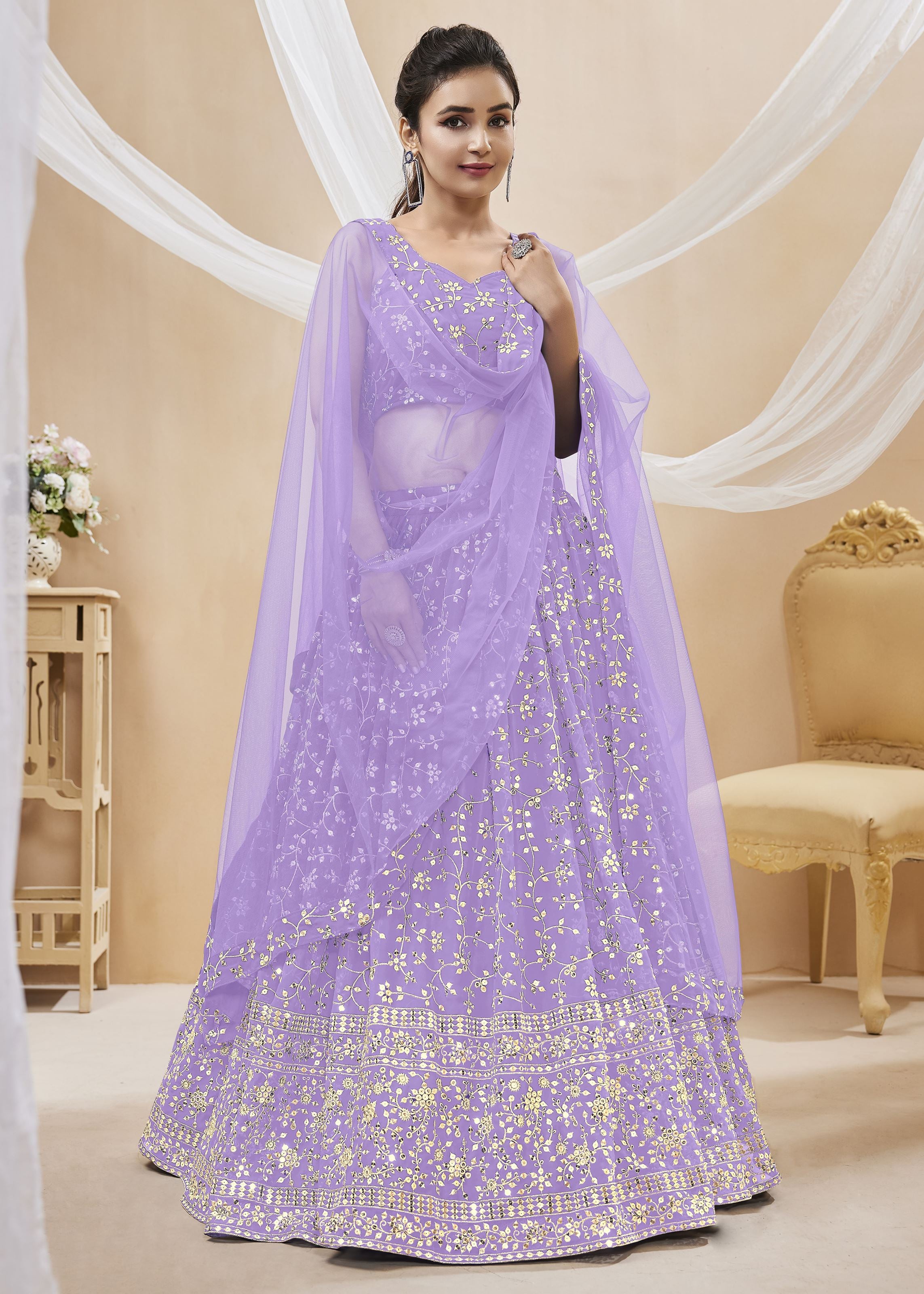 Lavender Georgette Lehenga Choli With Sequins Zari Embroidered Work
