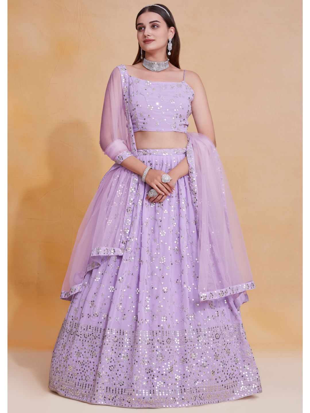 Lavender  Georgette Sequence Embroidery Work Lehenga Choli