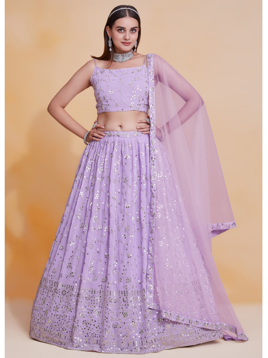 Lavender  Georgette Sequence Embroidery Work Lehenga Choli