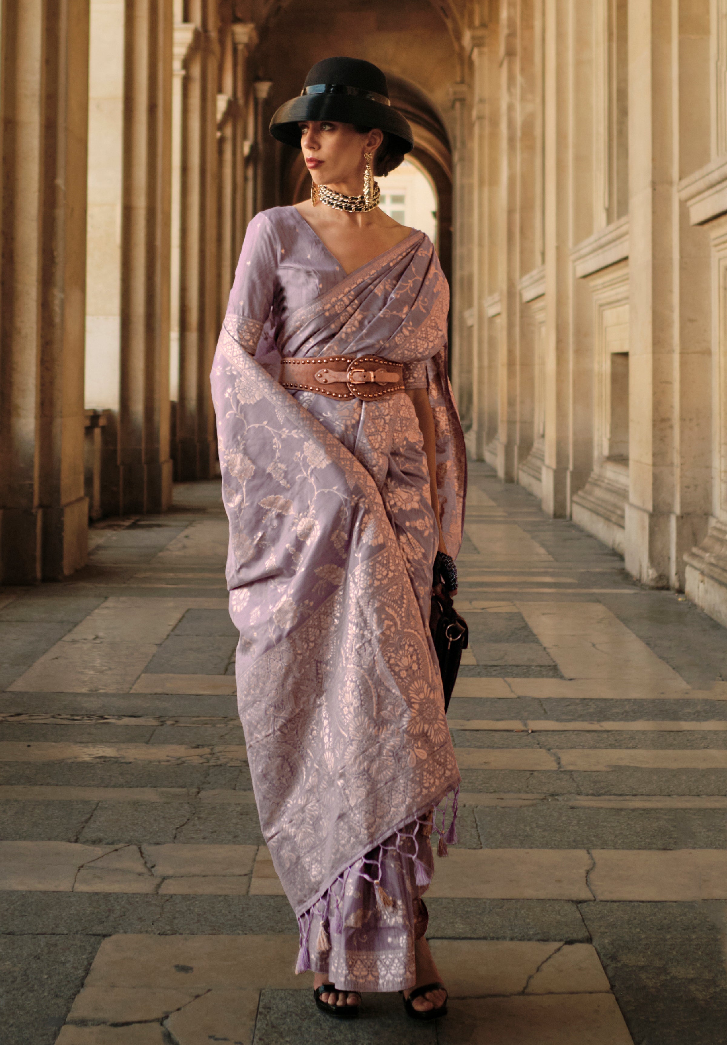 Lavender Gota Zari Weaving Silk Saree With Woven Work
