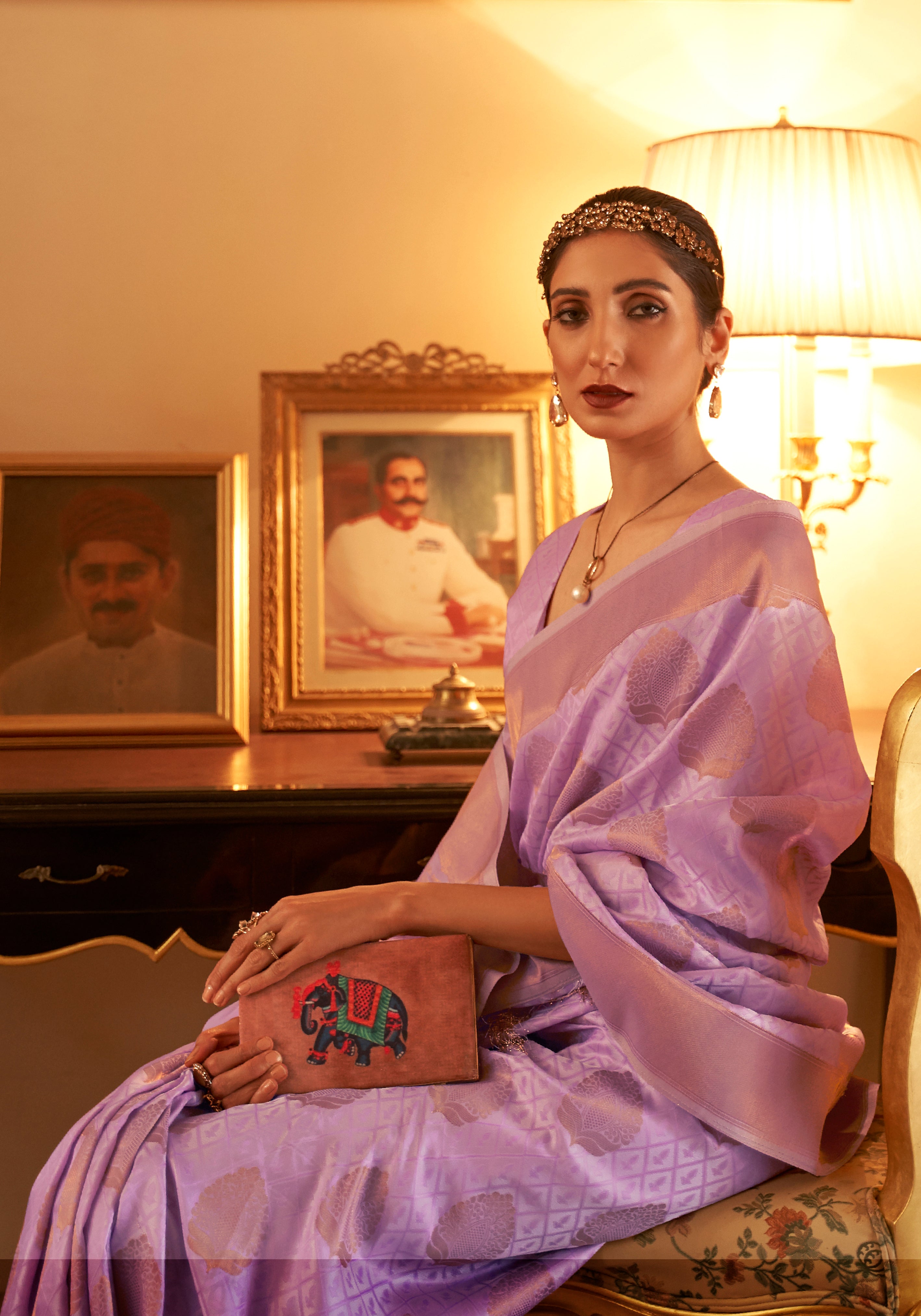 Lavender Handloom Silk Saree With Copper Zari Woven Work