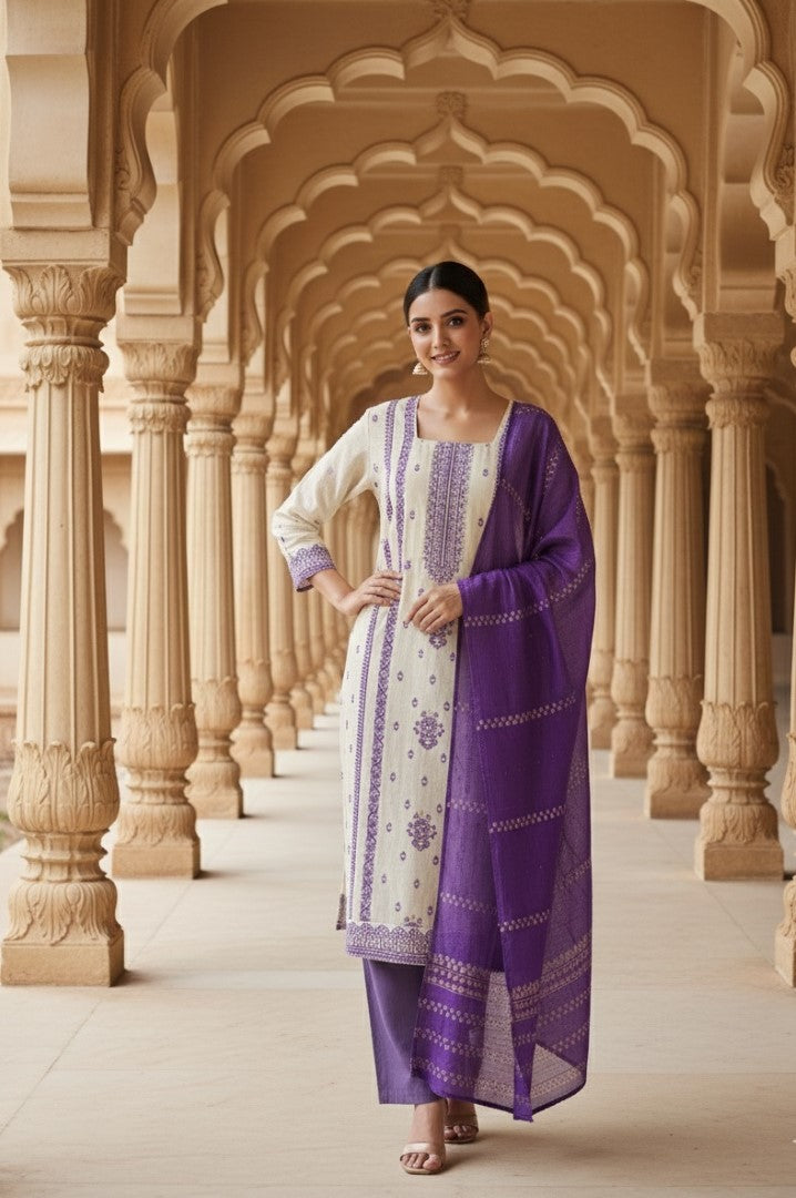 Lavender Jacquard Silk Designer Suit Set With Rich Woven Patterns