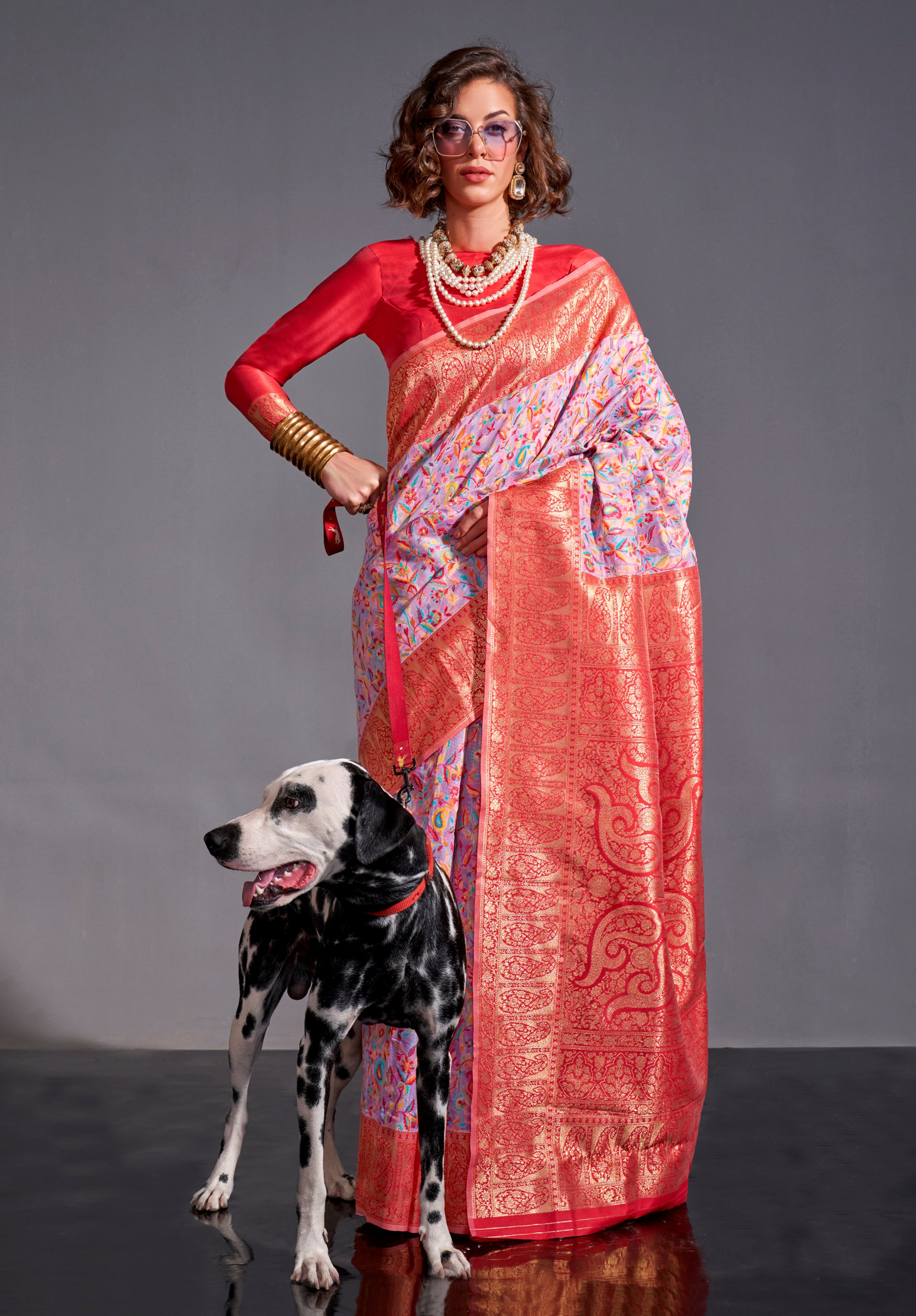 Lavender Kashmiri Silk Saree With  Kashmiri Chaap Jacquard Woven Work