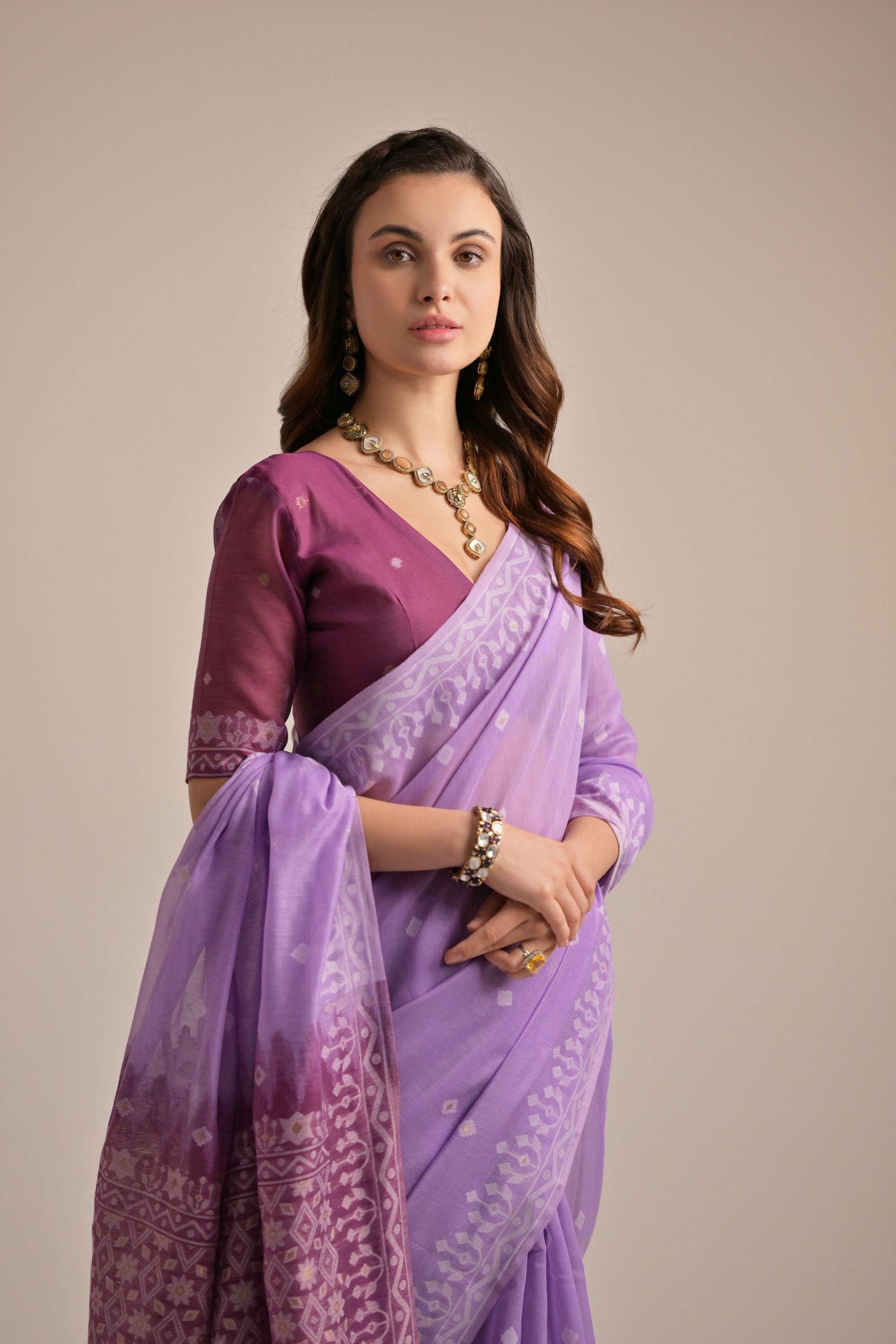Lavender Muga Cotton Saree with Thread Butti and Lakhnawi Pallu