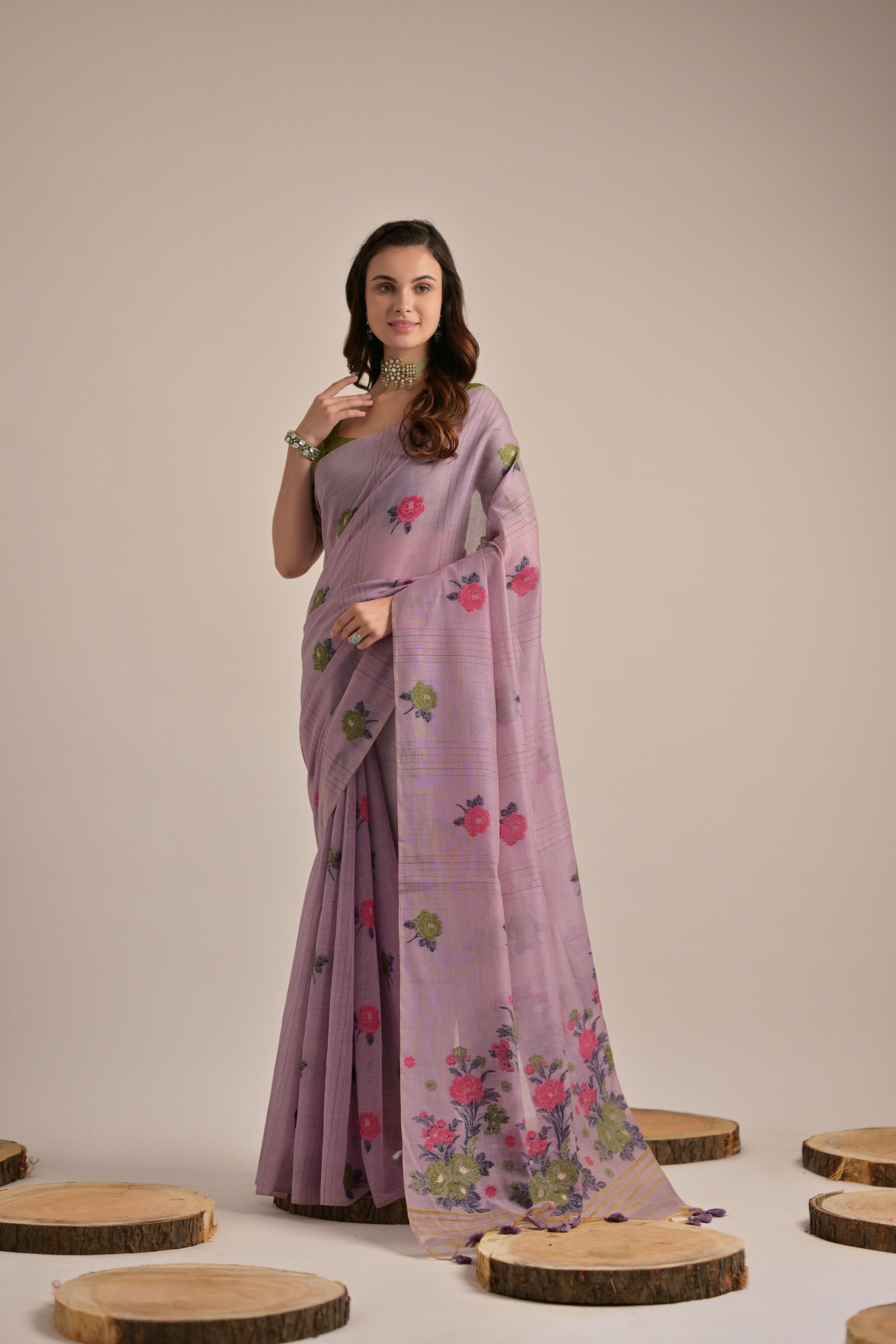 Lavender Muga Cotton Saree with Thread Woven Flower Design