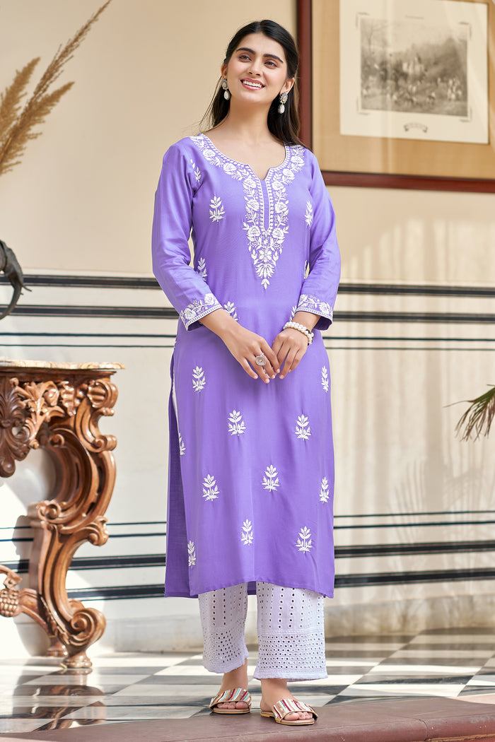 Lavender Pure Rayon Kurta Pant Set With Heavy Thread Embroidered Work