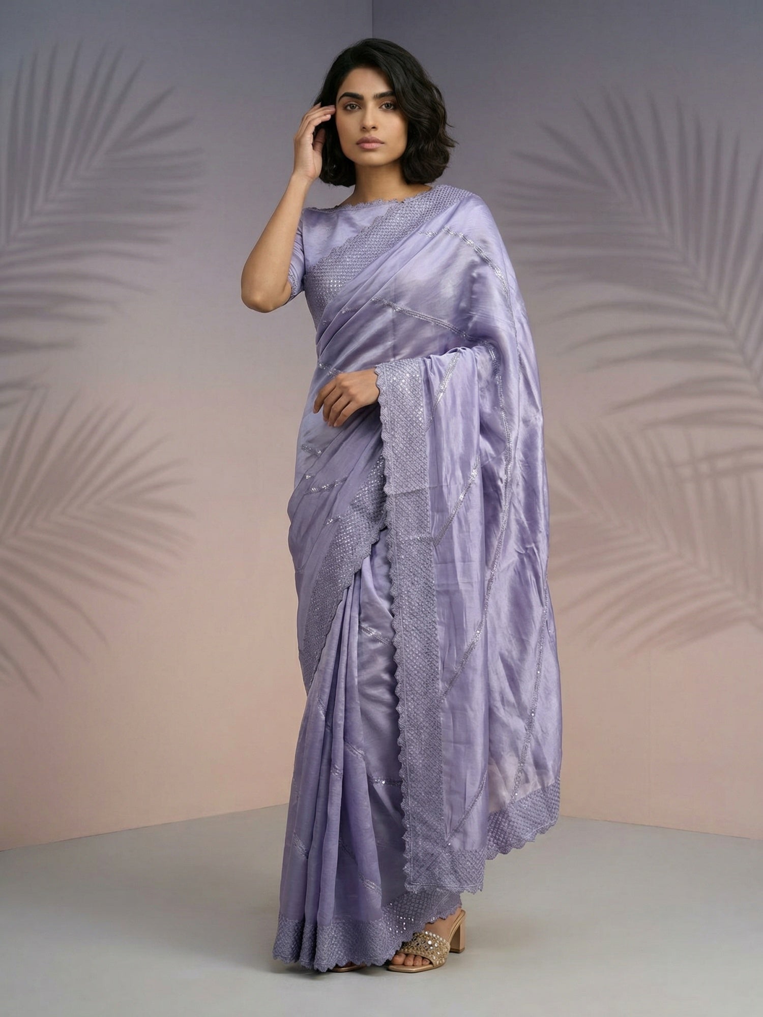 Lavender Rasberry Silk Saree with Premium Embroidery Sequins Work