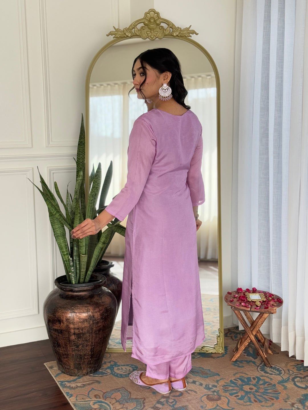 Lavender Rayon Elegant Kurta Pant Set With Embroidery Work