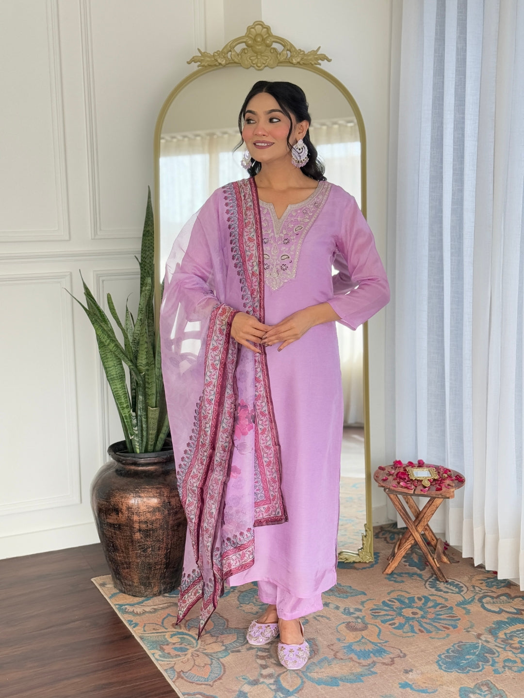 Lavender Rayon Elegant Kurta Pant Set With Embroidery Work