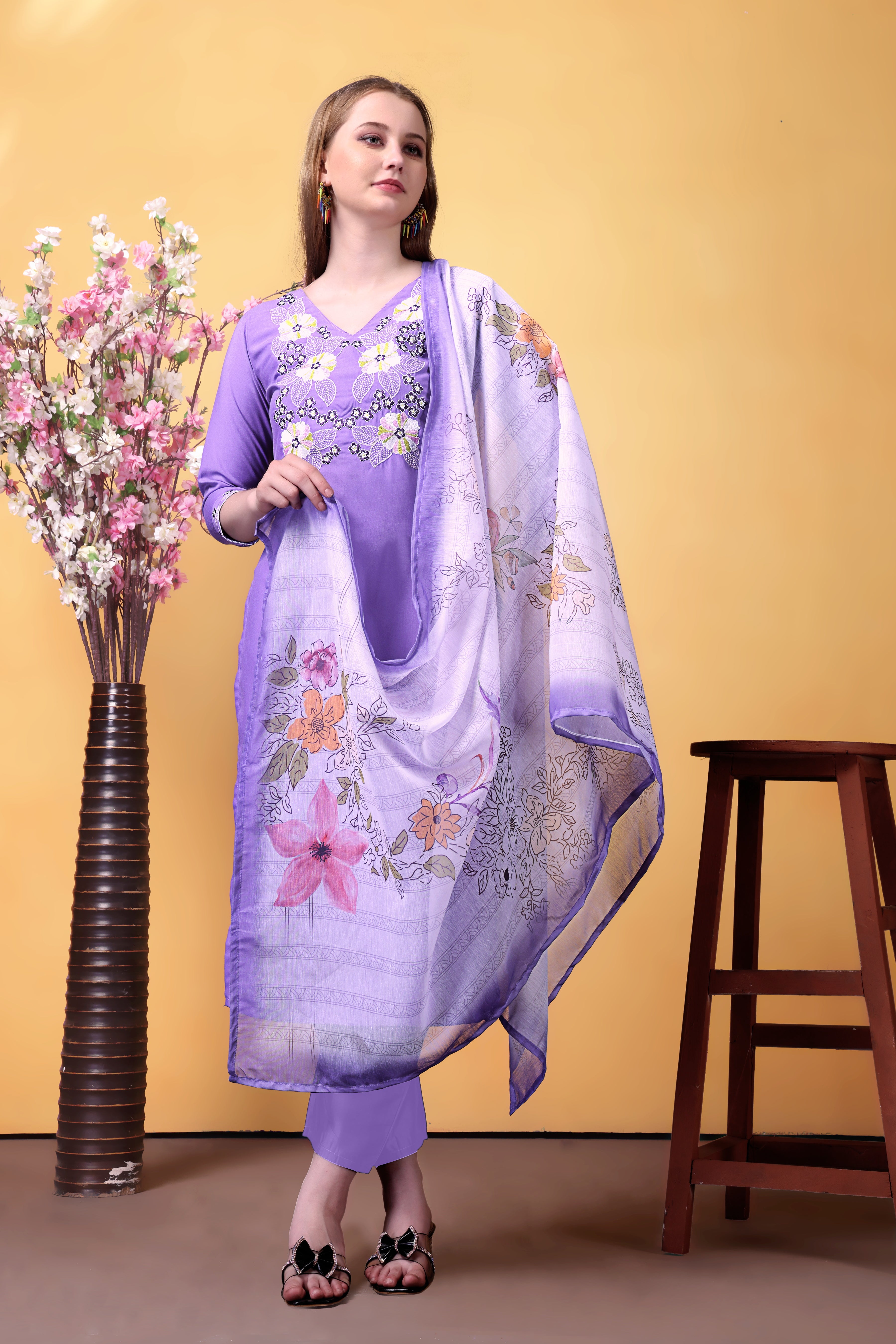 Lavender Rayon Kurta Pant Set With Heavy Thread Embroidery Work With Printed Dupatta