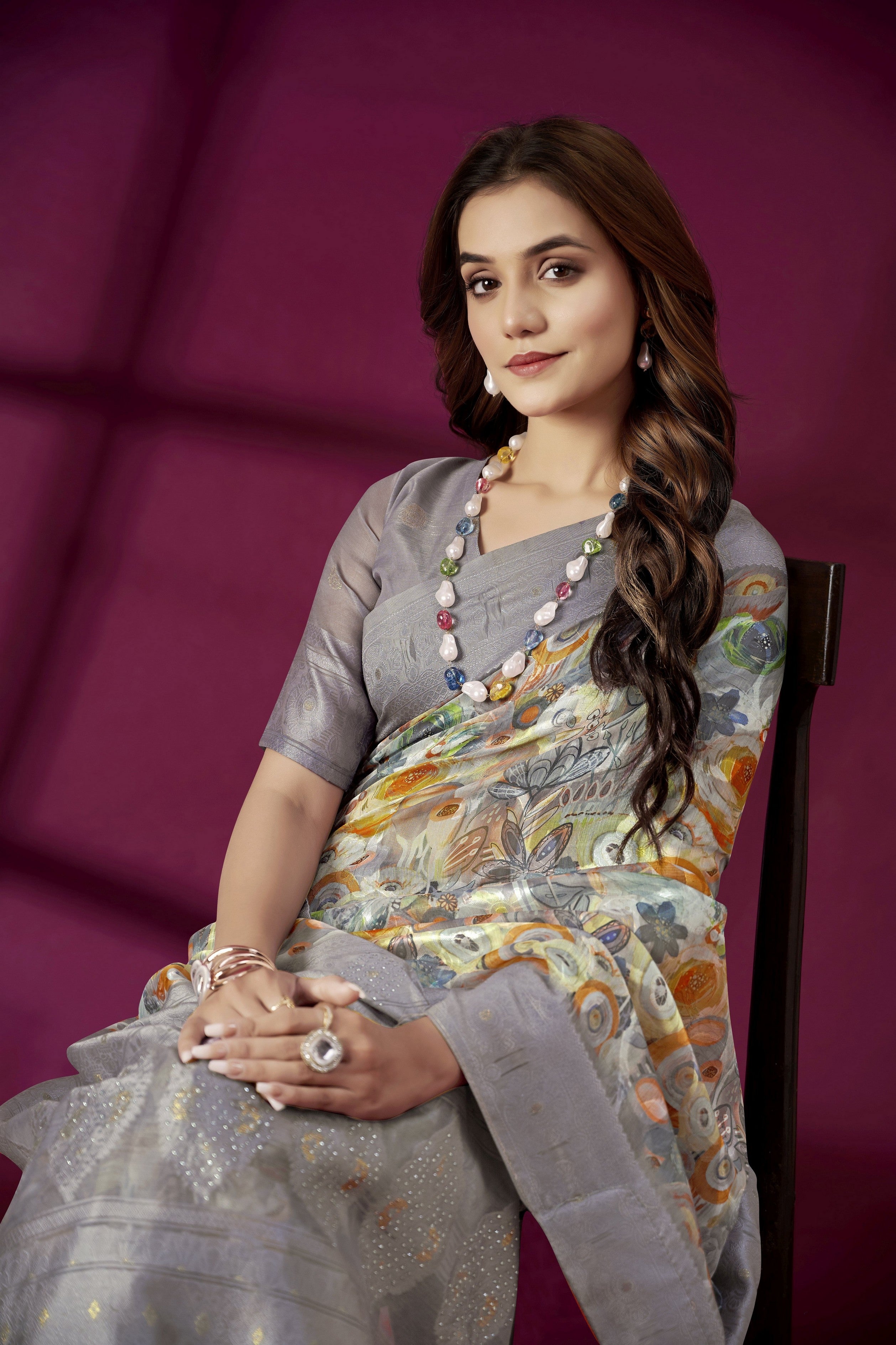 Lavender Rich Silk Jacquard Designer Saree With Smart Ethnic Printed
