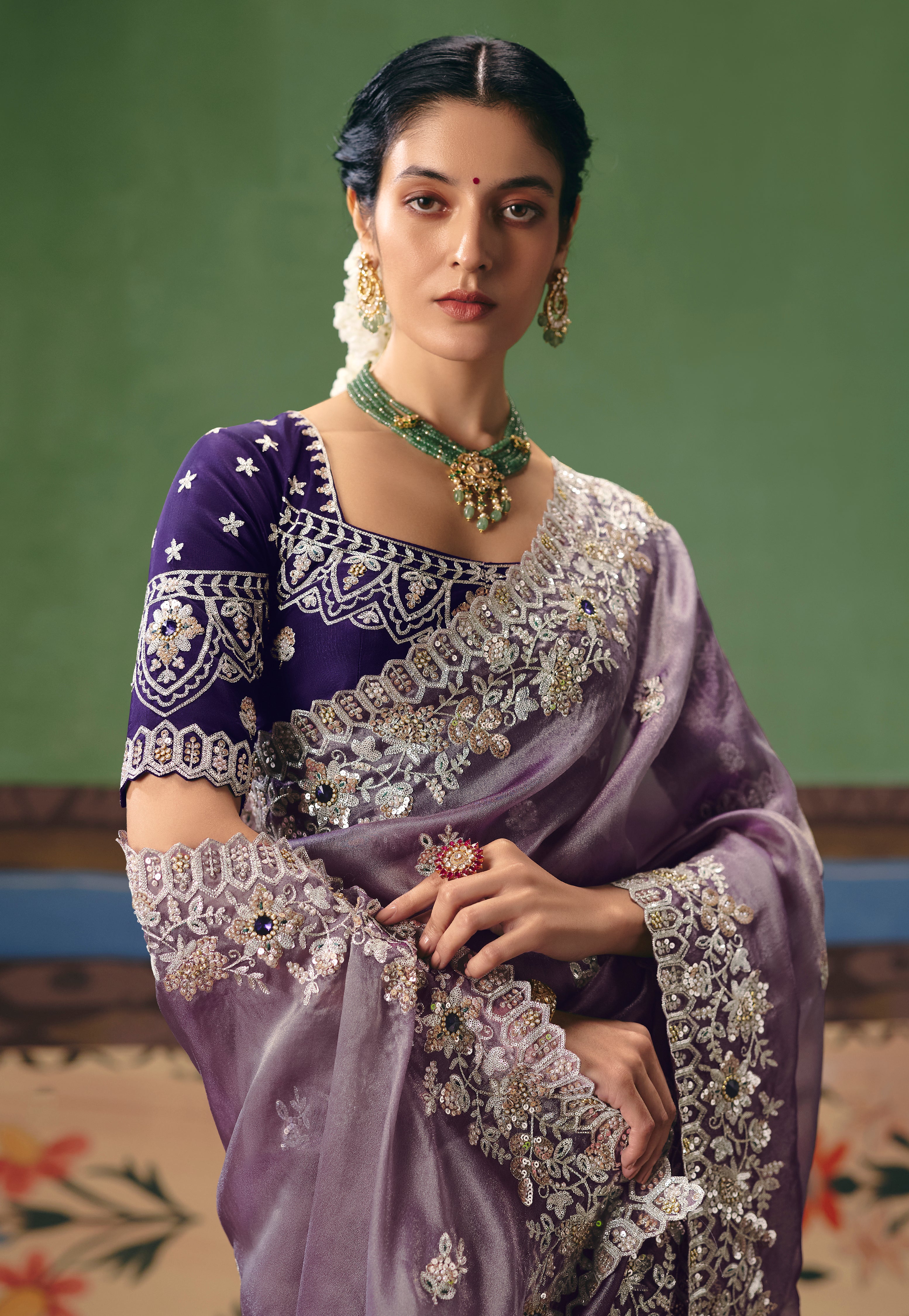 Lavender Saree With  Heavy Designer Embroidery, Sequince, Stone, Pearl With Beads Work
