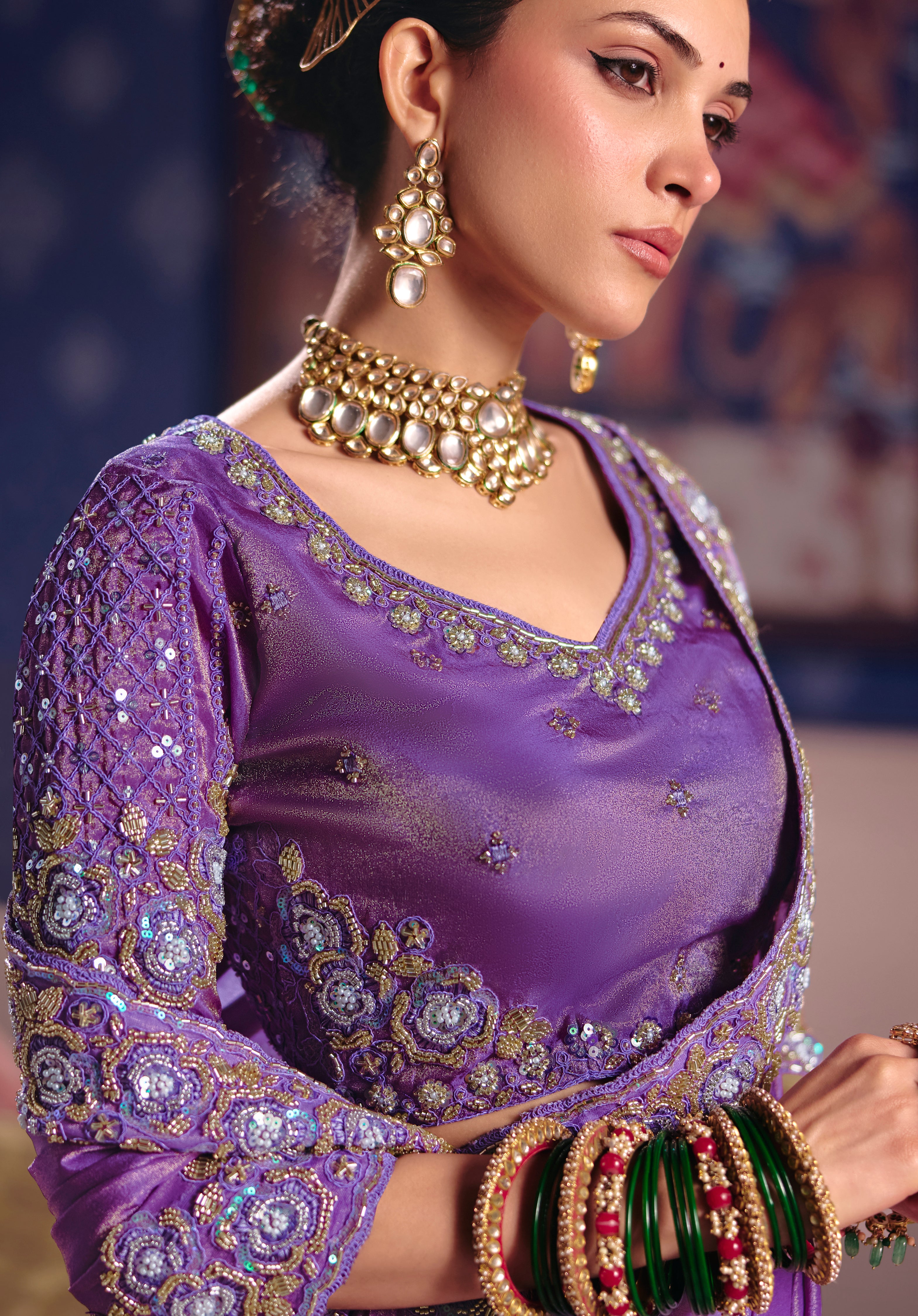 Lavender Saree With  Heavy Embroidery, Beads With Sequince Work