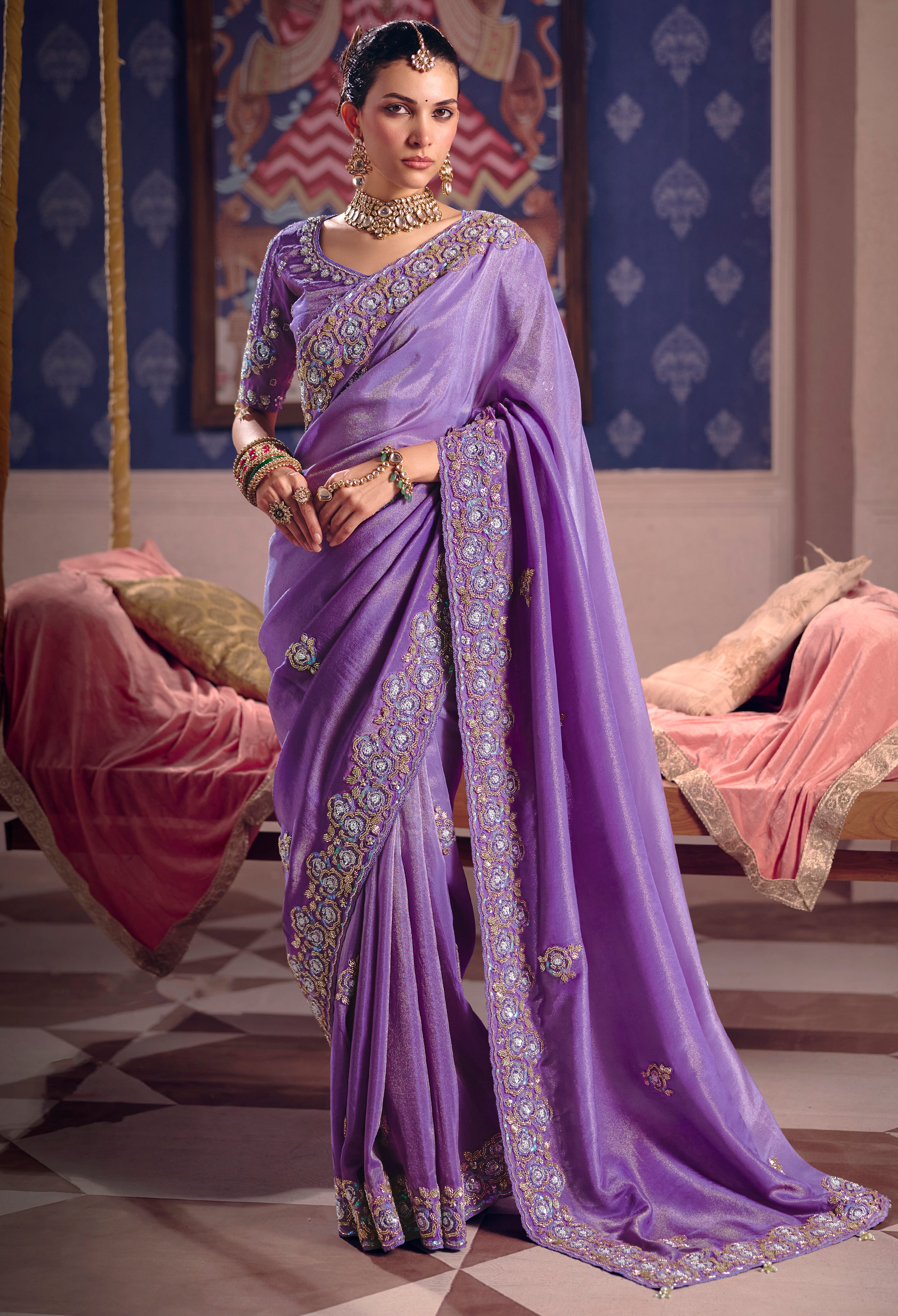Lavender Saree With  Heavy Embroidery, Beads With Sequince Work
