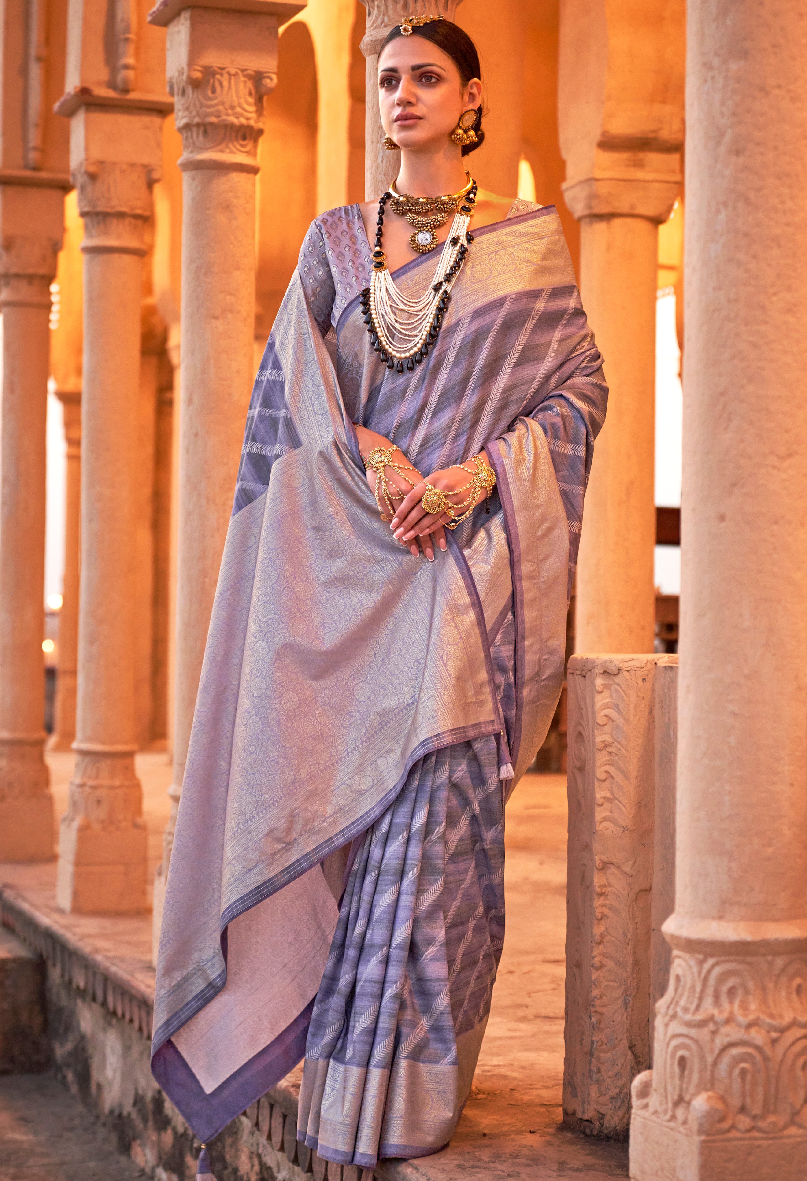 Lavender Saree With  Jacquard Woven Work