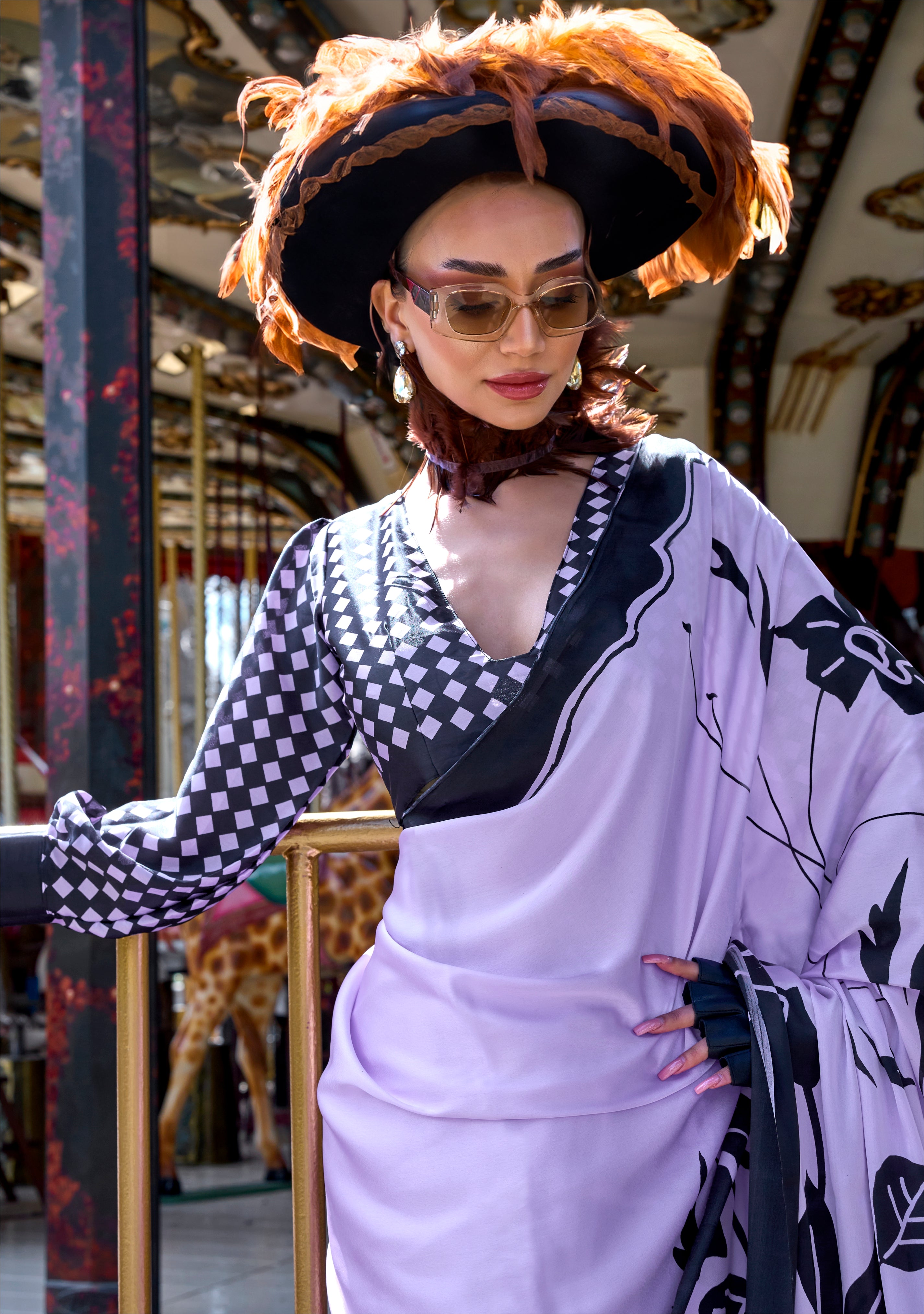 Lavender Satin Saree With  Digital Print