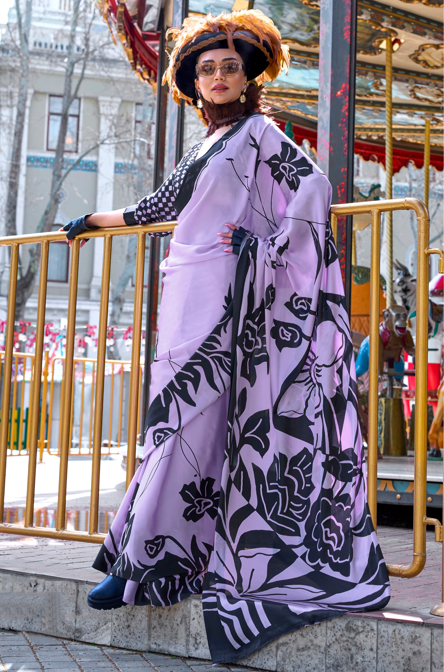 Lavender Satin Saree With  Digital Print