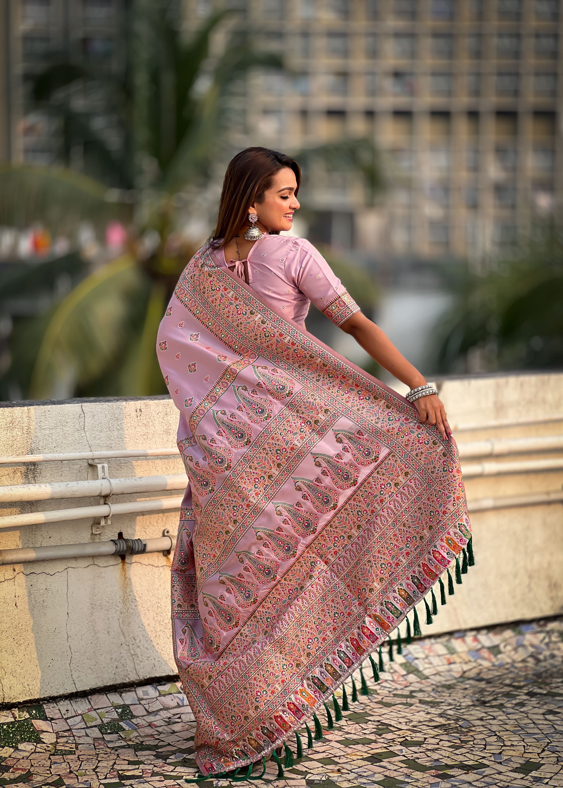 Lavender Silk Blend Saree With Meenakari Kashmiri woven Work