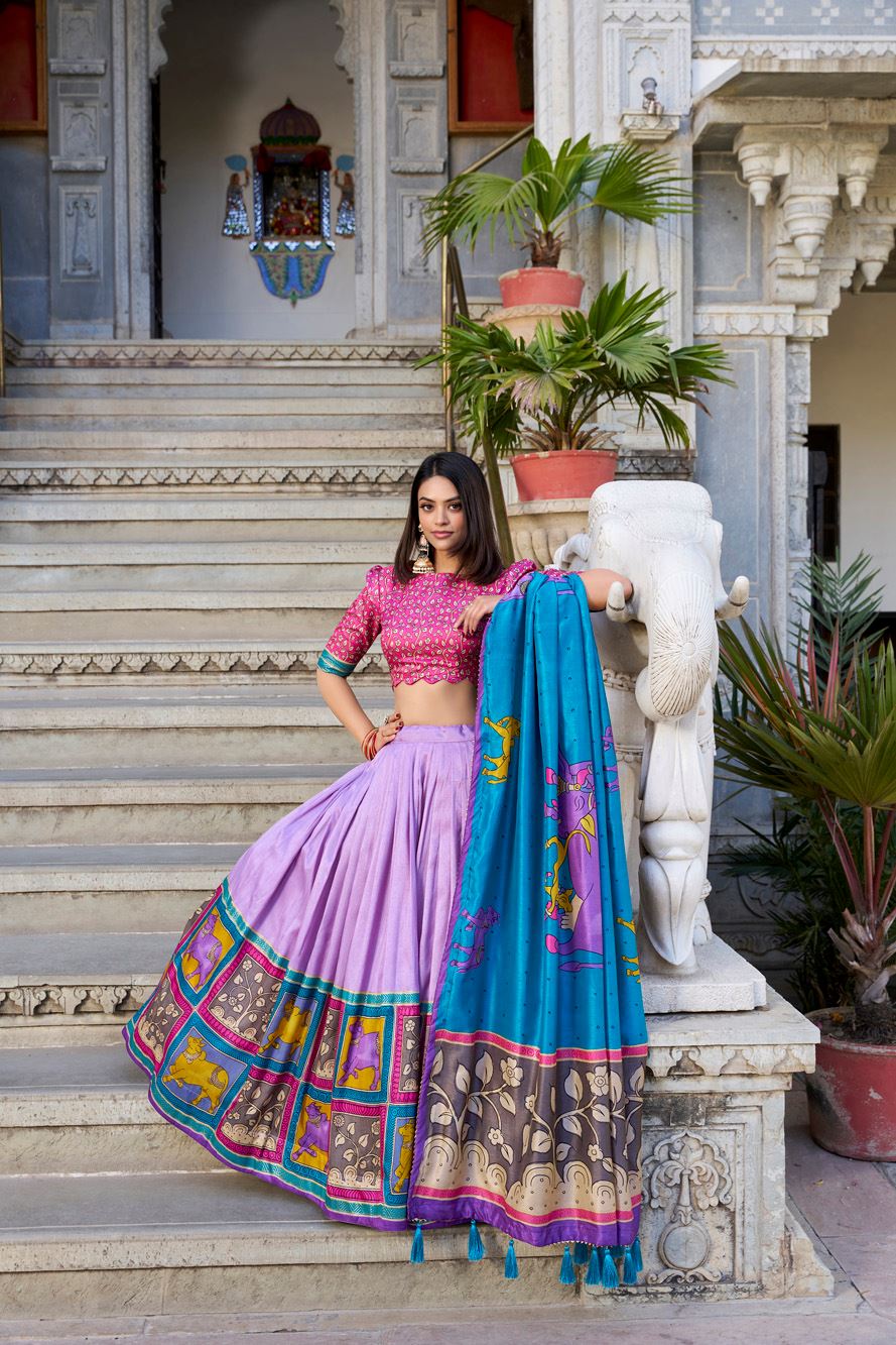 Lavender Tussar Silk Lehenga with Kalamkari Print and Elegant Foil Work Accents