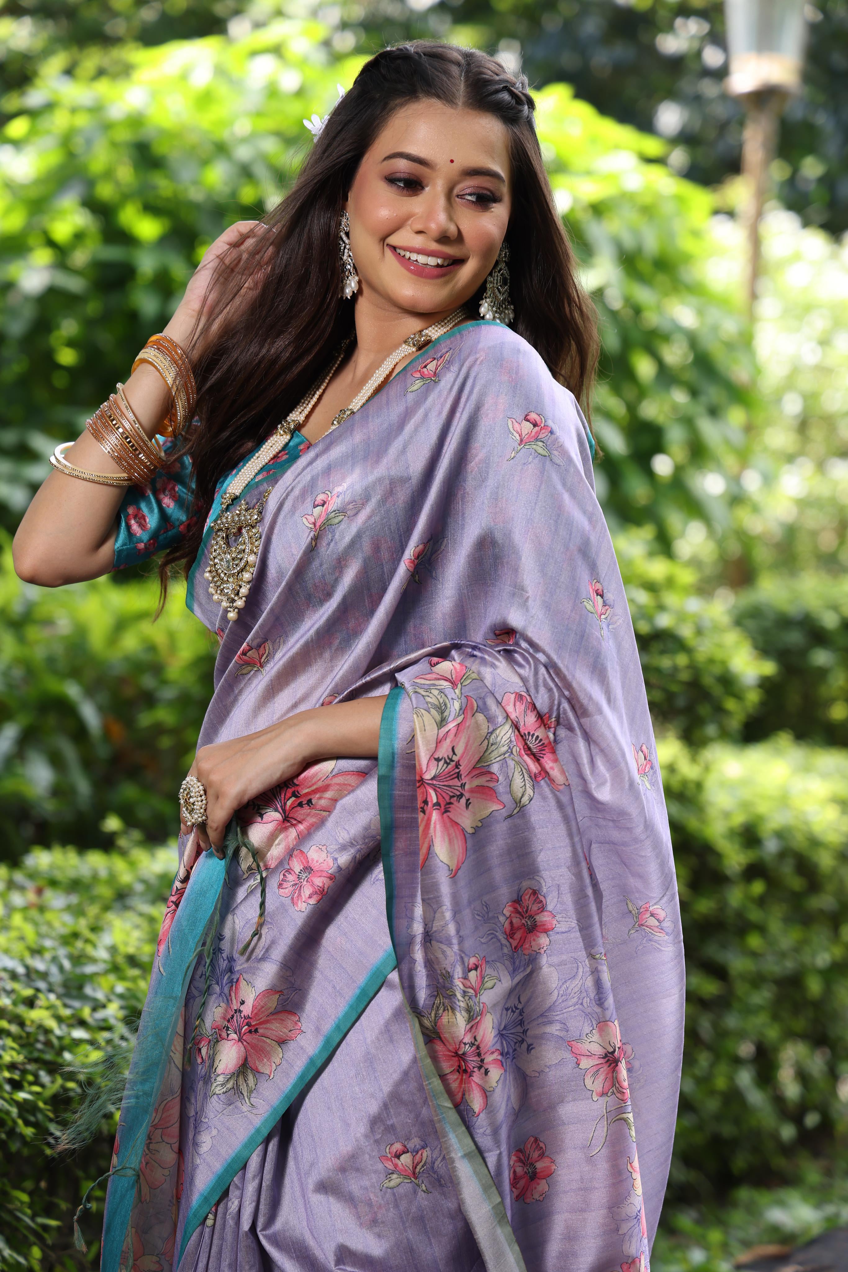 Lavender Tussar Silk Saree with Elegant Floral Printed Design